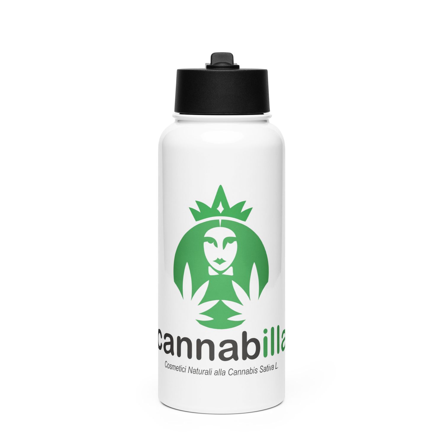 Packaging of the Cannabilla Stainless Steel Water Bottle with Straw Lid.