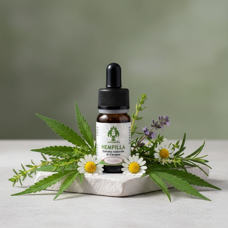 Bottle of Hempilla SHAYANA 30 Natural Hemp Extract with 30% CBD surrounded by hemp leaves and natural herbs.