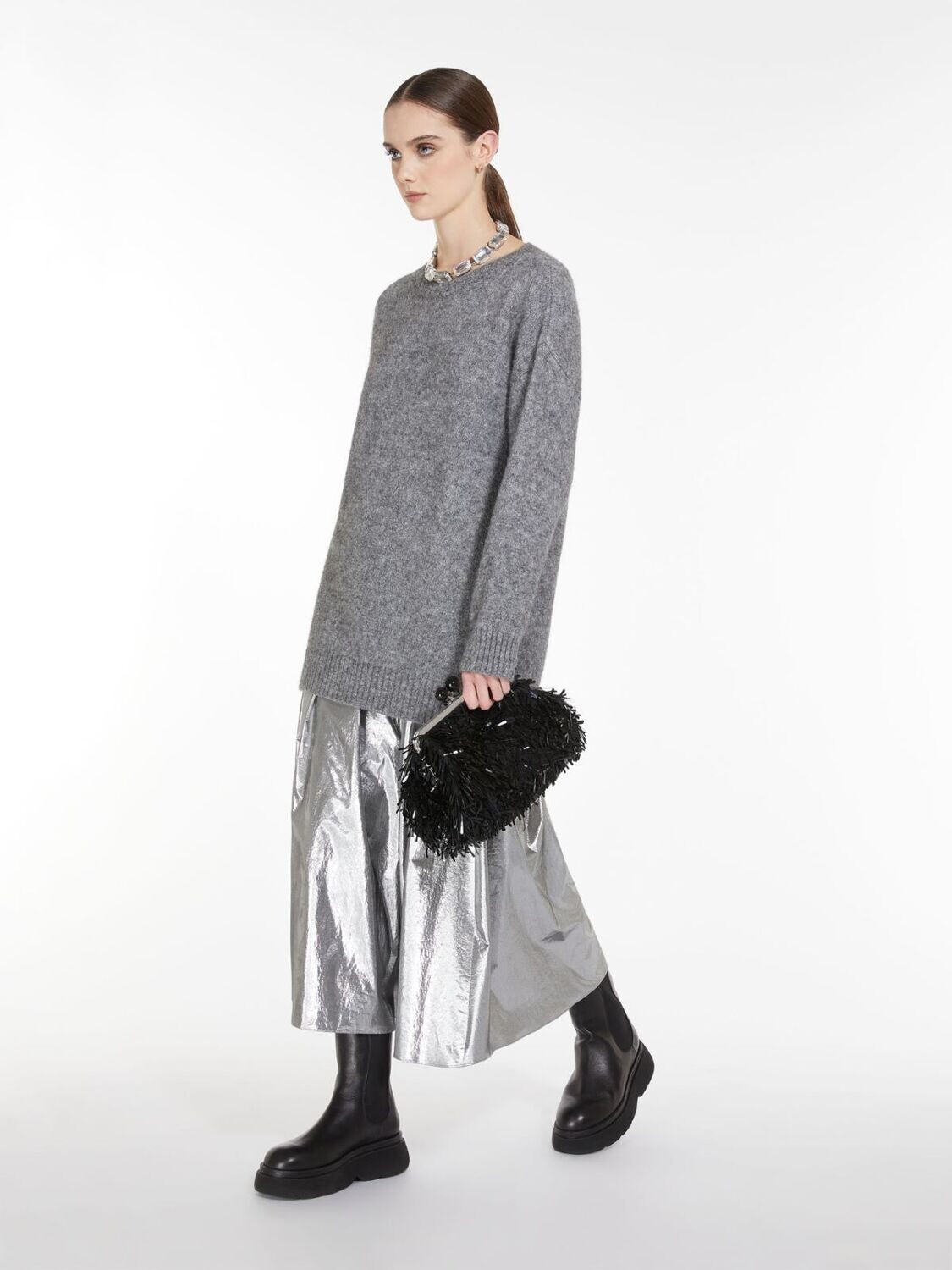 MAX MARA - Pullover Morbido in Alpaca e Cotone Grigo Medio MAX MARA - Pullover Morbido in Alpaca e Cotone Grigo Medio