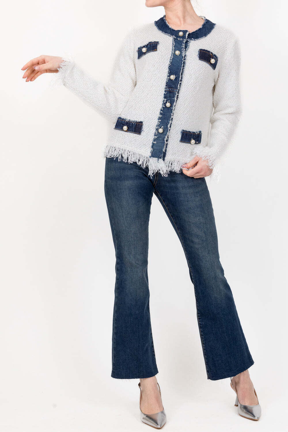 da TENSIONE IN Tensione in-Cardigan doppio tessuto bottoni dorati - latte/denim SKU: 1240163-12805