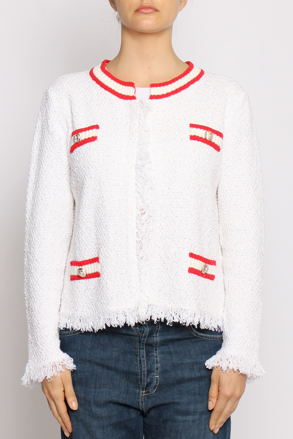 Tensione In
Cardigan bouclè micropaillettes bianco/rosso/latte