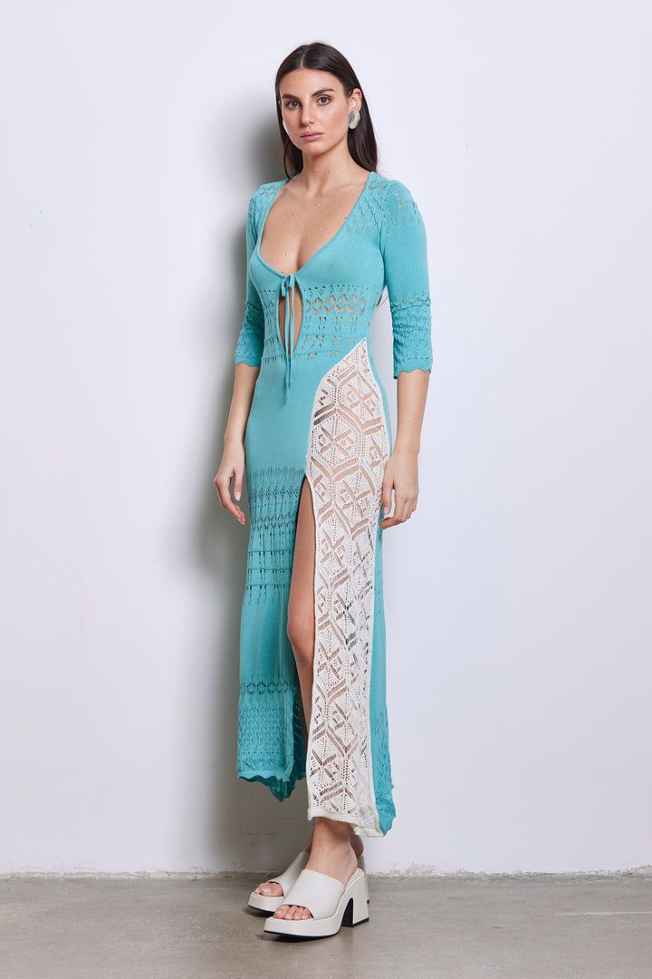 AKEP - ABITO LUNGO IN MAGLIA PUNTO PIZZO CON SCOLLO A V VSKD05007 Acqua Marina