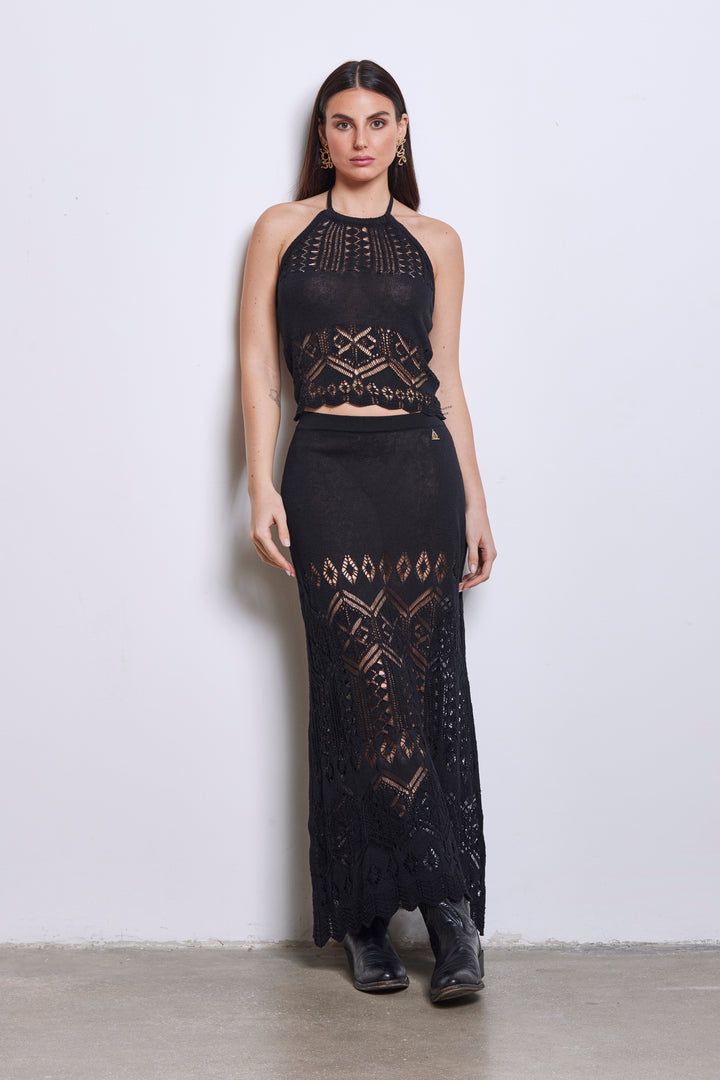 AKEP - TOP SCOLLO AMERICANO IN LINO TRAFORATO CNKD05063 Nero