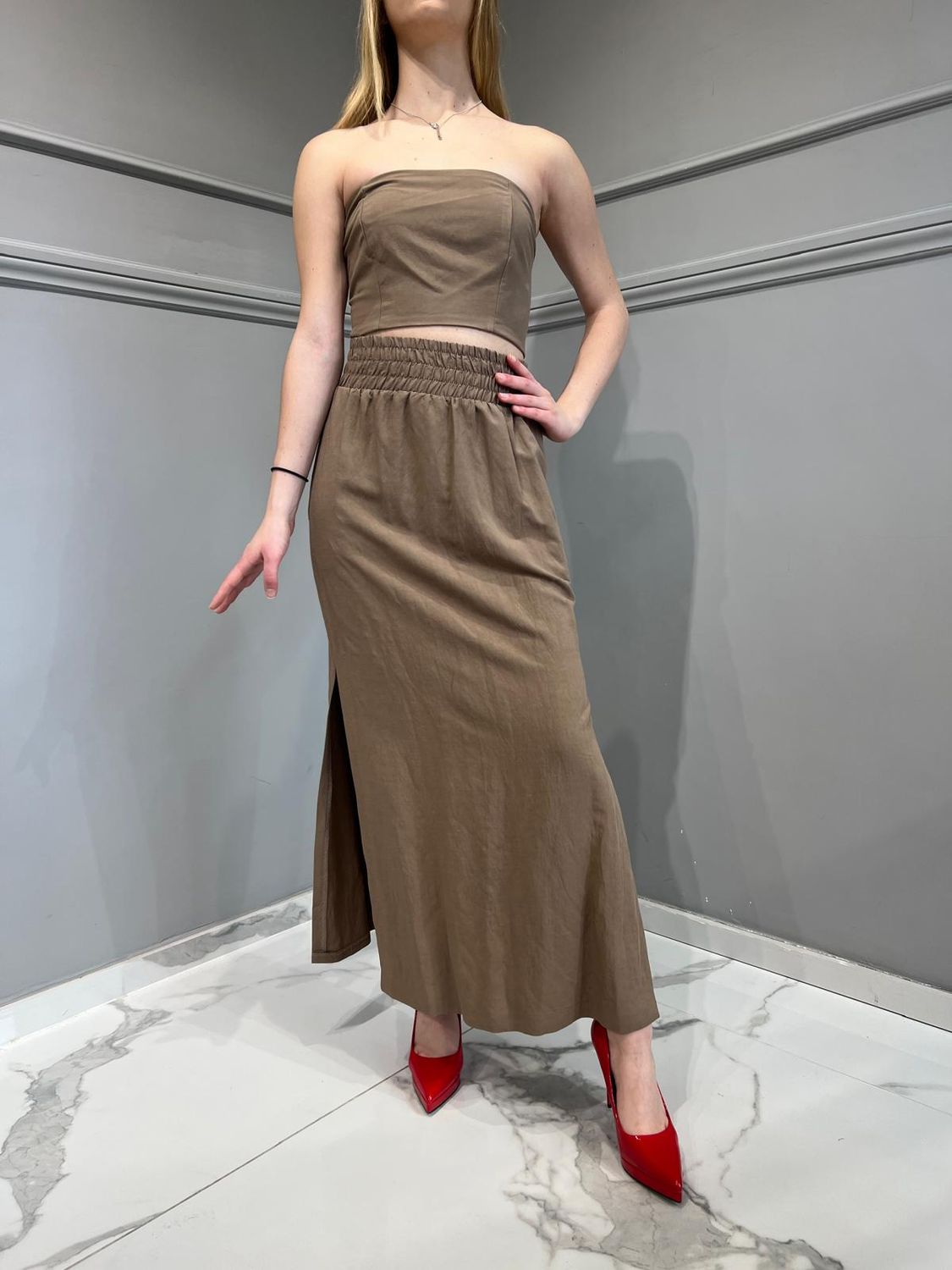 Tensione in-Top a fascia misto lino elastico dietro Biscotto  SKU: 24t2764-139803