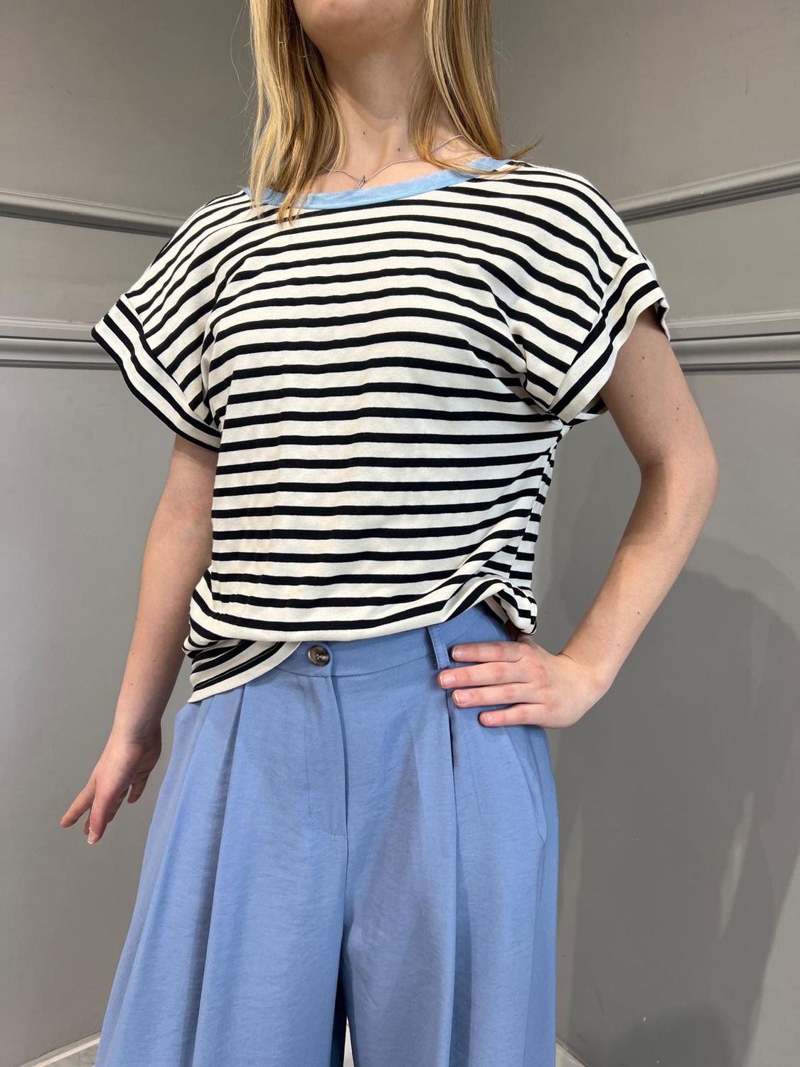 TENSIONE IN T-shirt righe scollo v dietro - azzurro/burro/nero  SKU: zn1698-140348