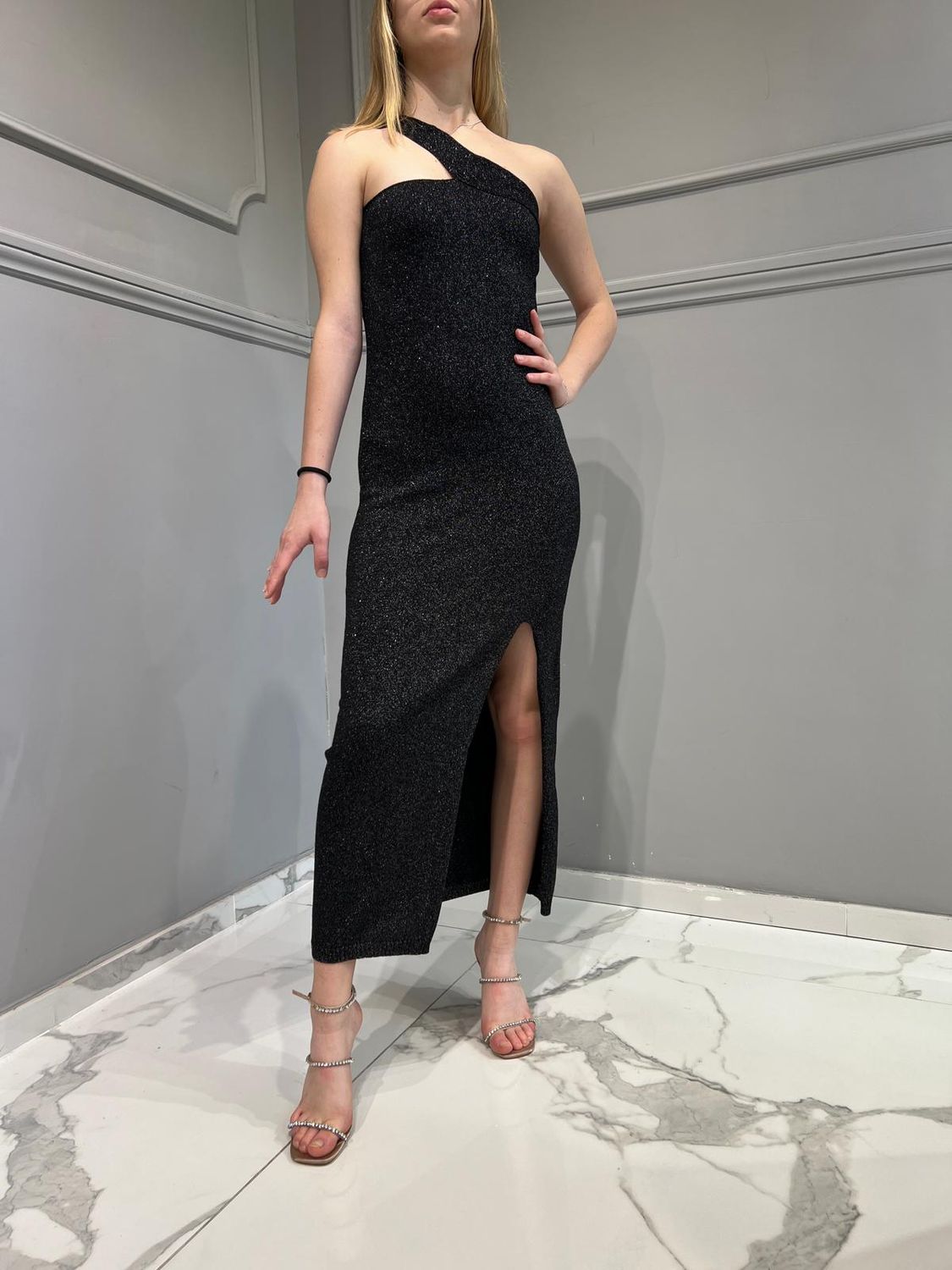 AKEP - ABITO LUNGO MONOSPALLA IN LUREX VSKD05050 Nero