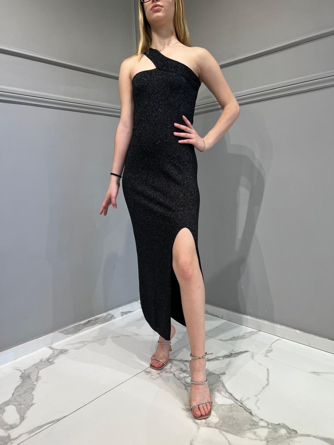 AKEP - ABITO LUNGO MONOSPALLA IN LUREX VSKD05050 Nero
