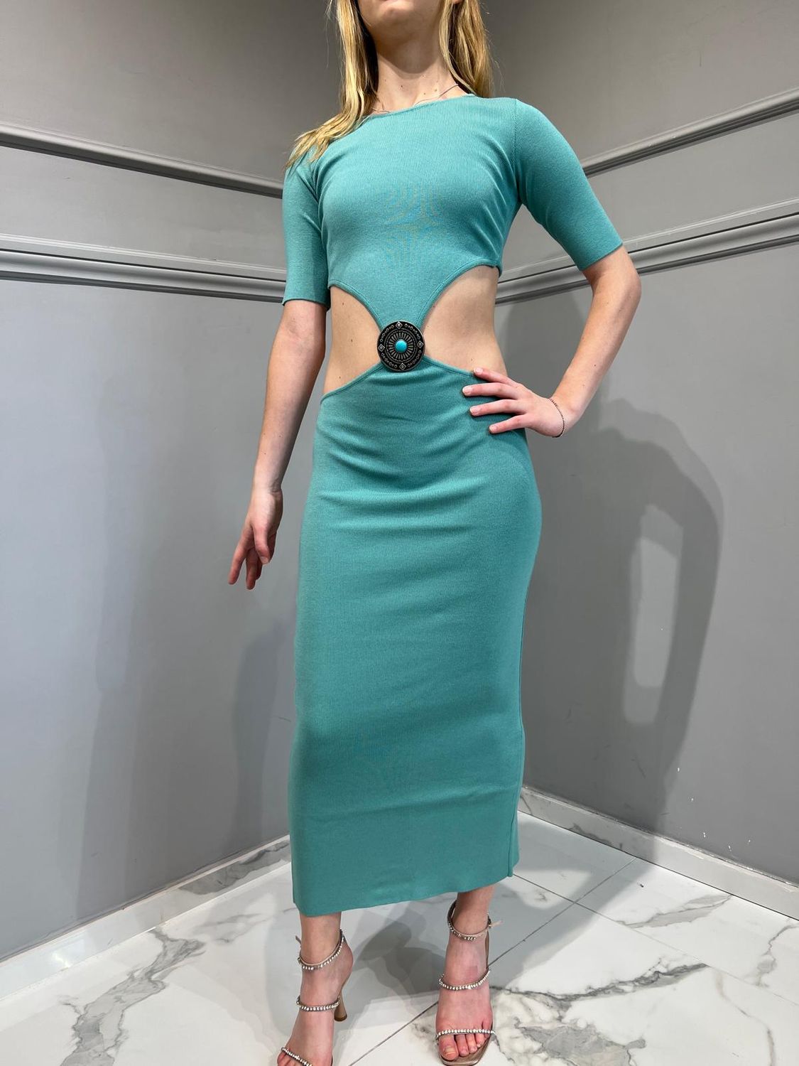 AKEP - ABITO CUT-OUT IN VISCOSA CON FIBBIA TEXANA SUL DAVANTI VSKD05084 Verde Acqua Marina