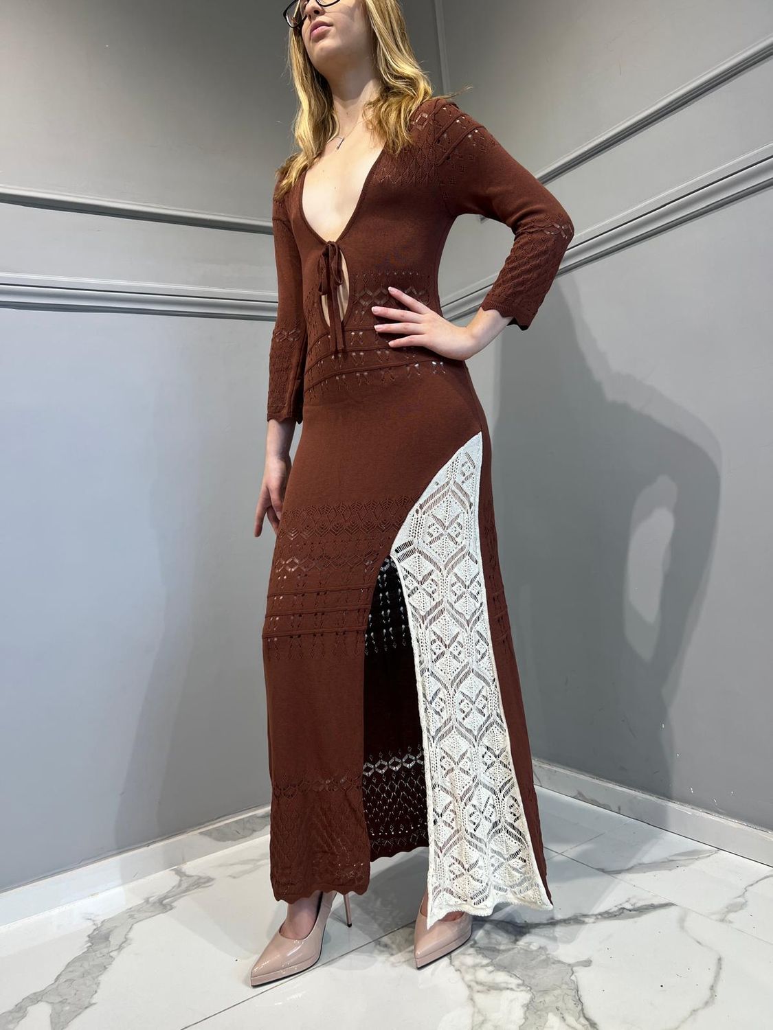 AKEP - Abito in Maglia Punto Pizzo - Moro