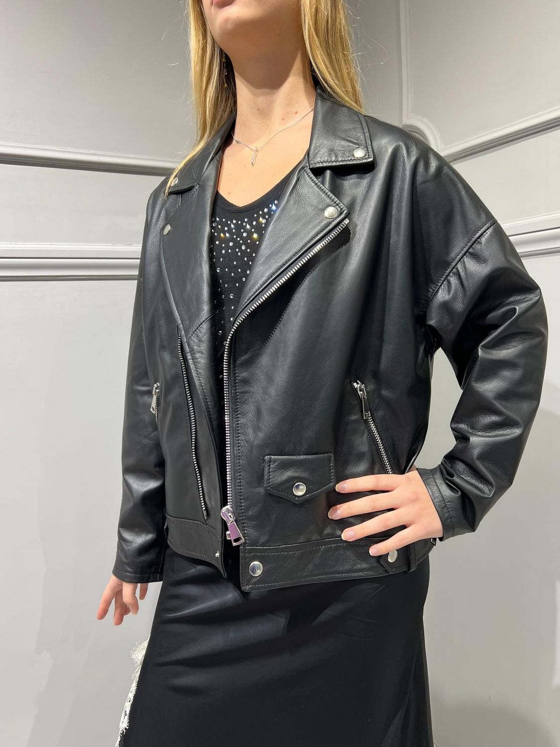 VICOLO - Giacca BIKER Chiodo Pelle - TS0984 - Nero