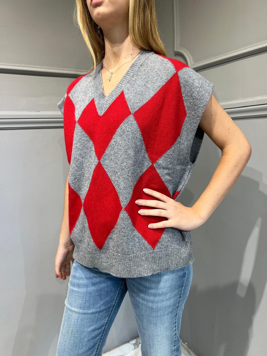 TENSIONE IN - Gilet - 2240283 - Quadri (grigio/rosso)