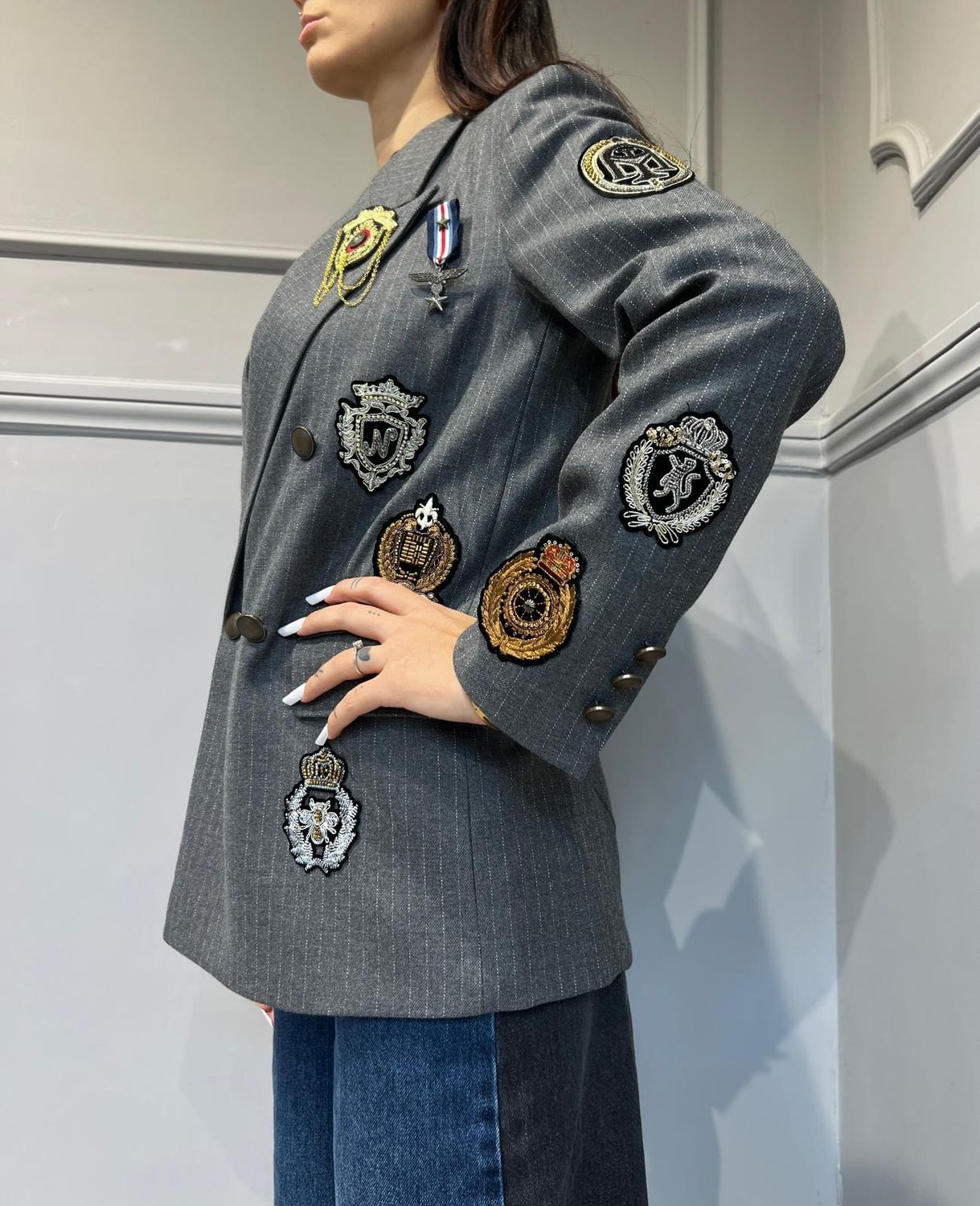 VICOLO-Giacca gessata doppiopetto con patch - grigio VC/RS0276-157242