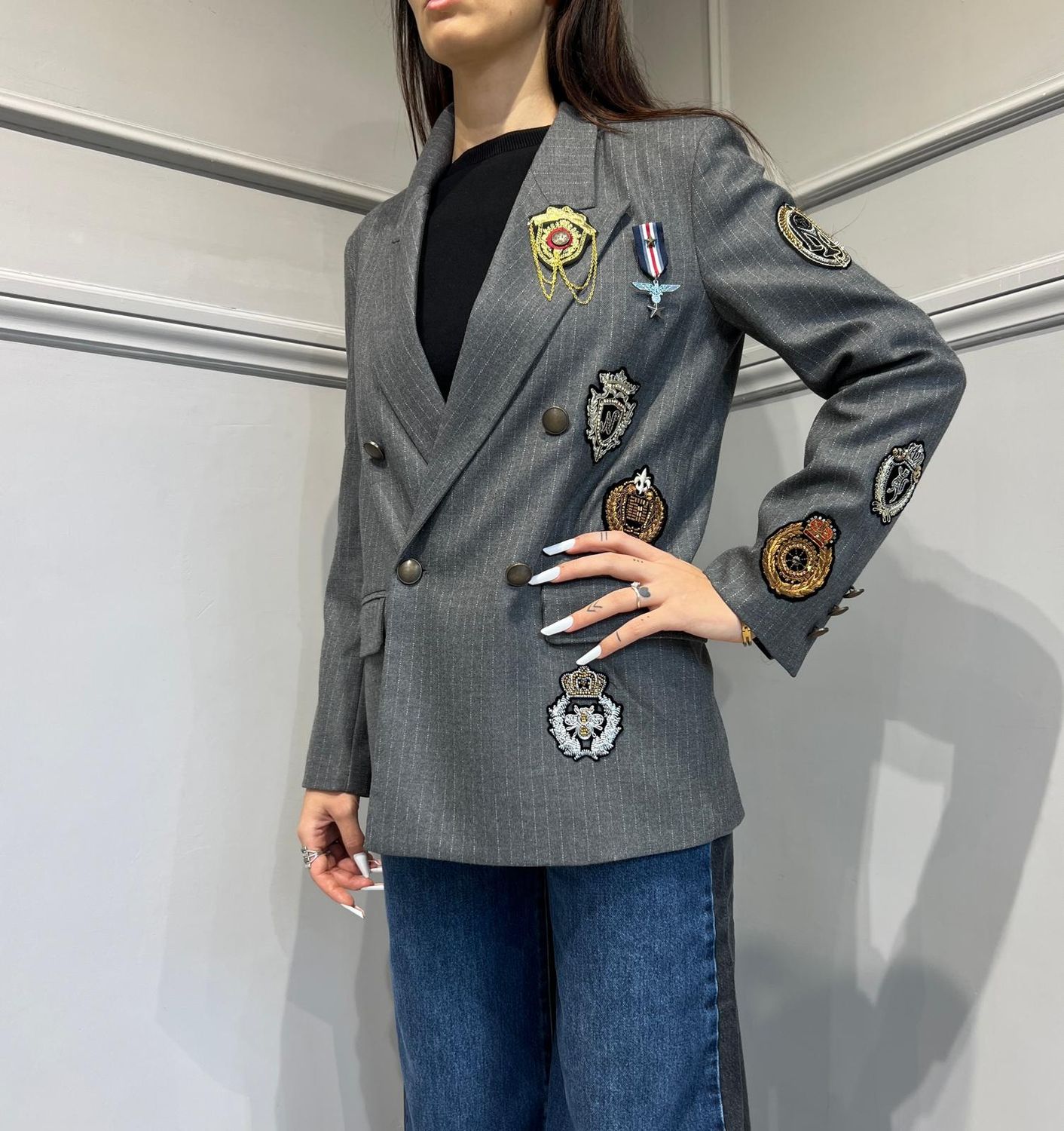 VICOLO-Giacca gessata doppiopetto con patch - grigio  VC/RS0276-157242