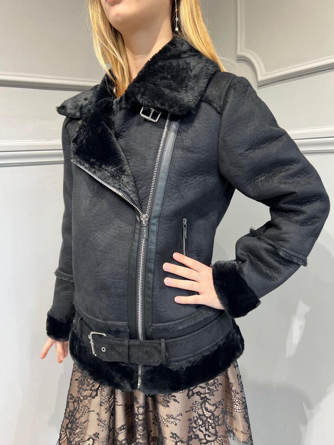 VICOLO - Giacca eco-montone modello chiodo TS0046 Nero