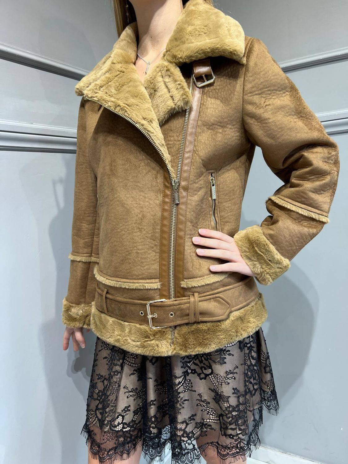 VICOLO - Giacca eco-montone modello chiodo TS0038 Cuoio