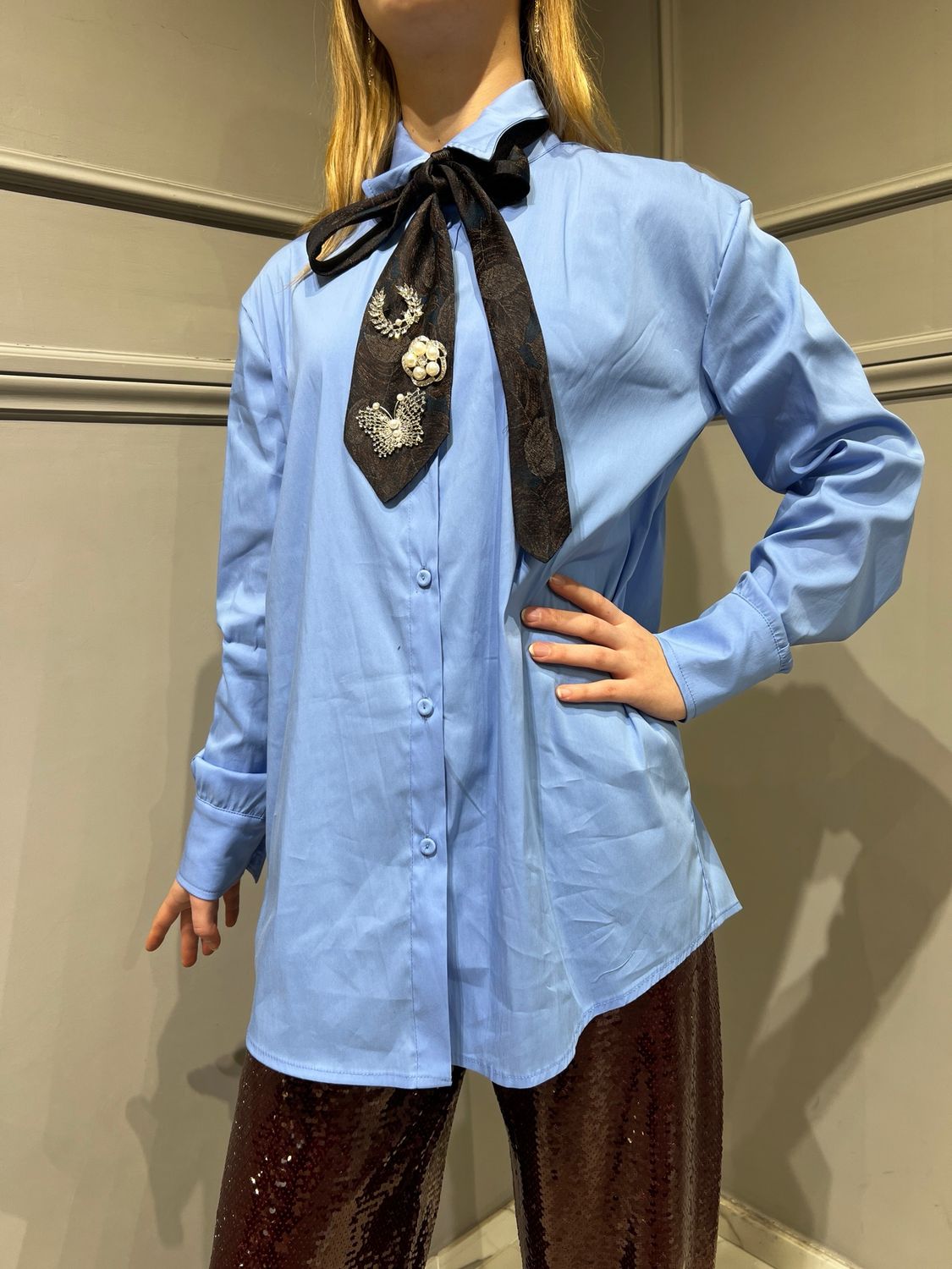 TENSIONE IN - camicia popeline con cravatta spille SF1038 - Celeste