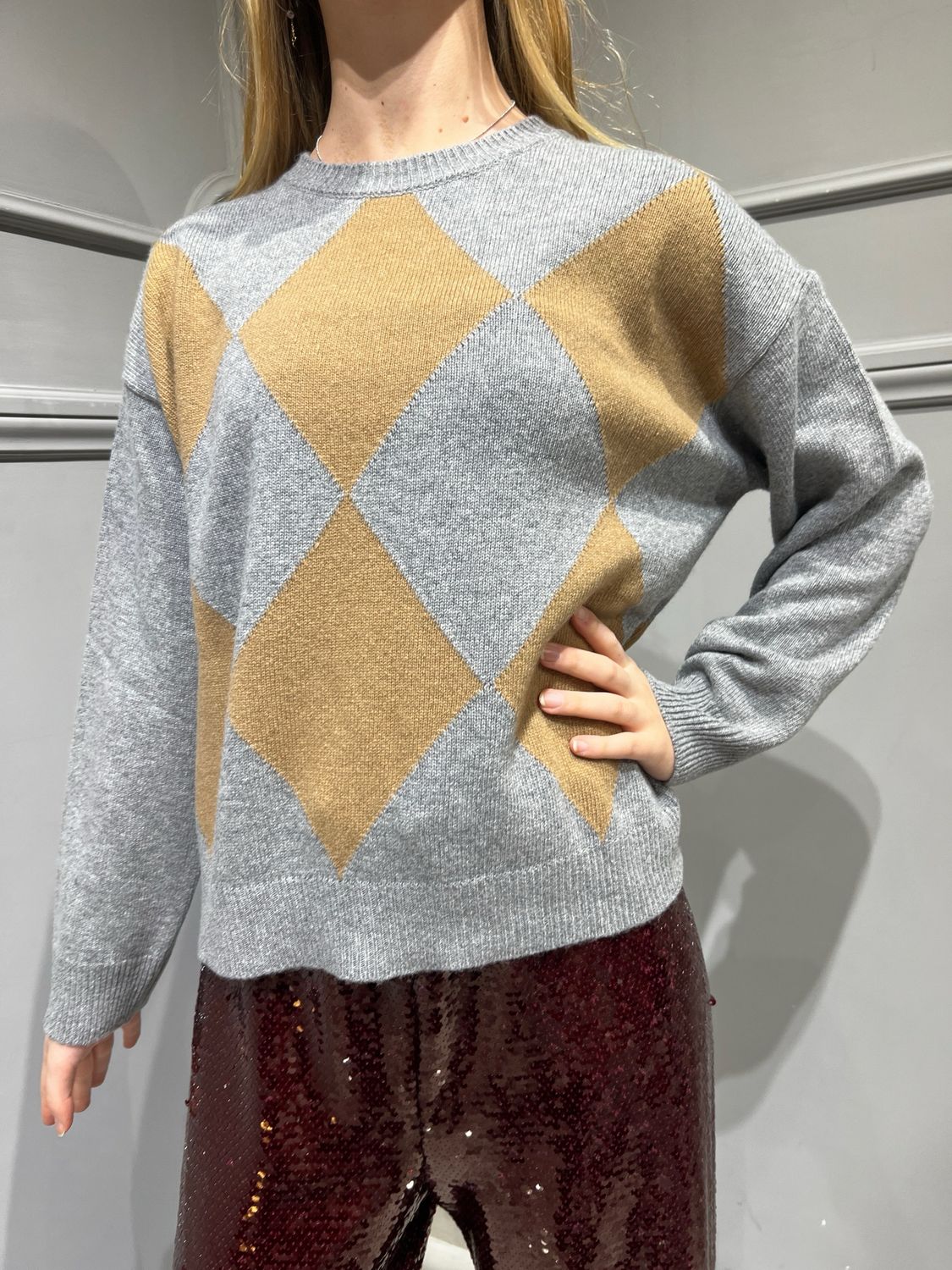 TENSIONE IN - maglia a rombi 2240282 - grigio/cammello