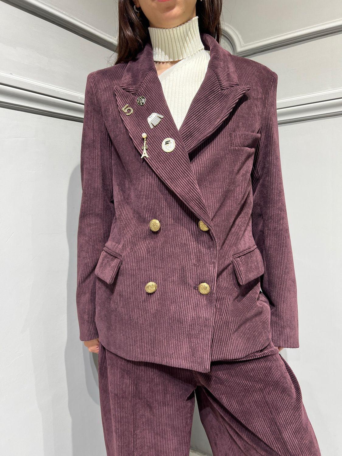 TENSIONE IN - giacca velluto doppio  petto con spille W24J893 - vino