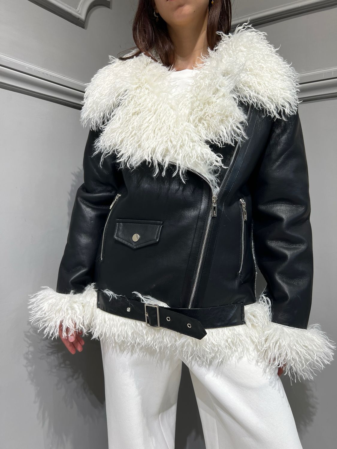 LE VOLIÈRE - giacca chiodo ecopelle e ecopelliccia W24C724BL - nero/bianco