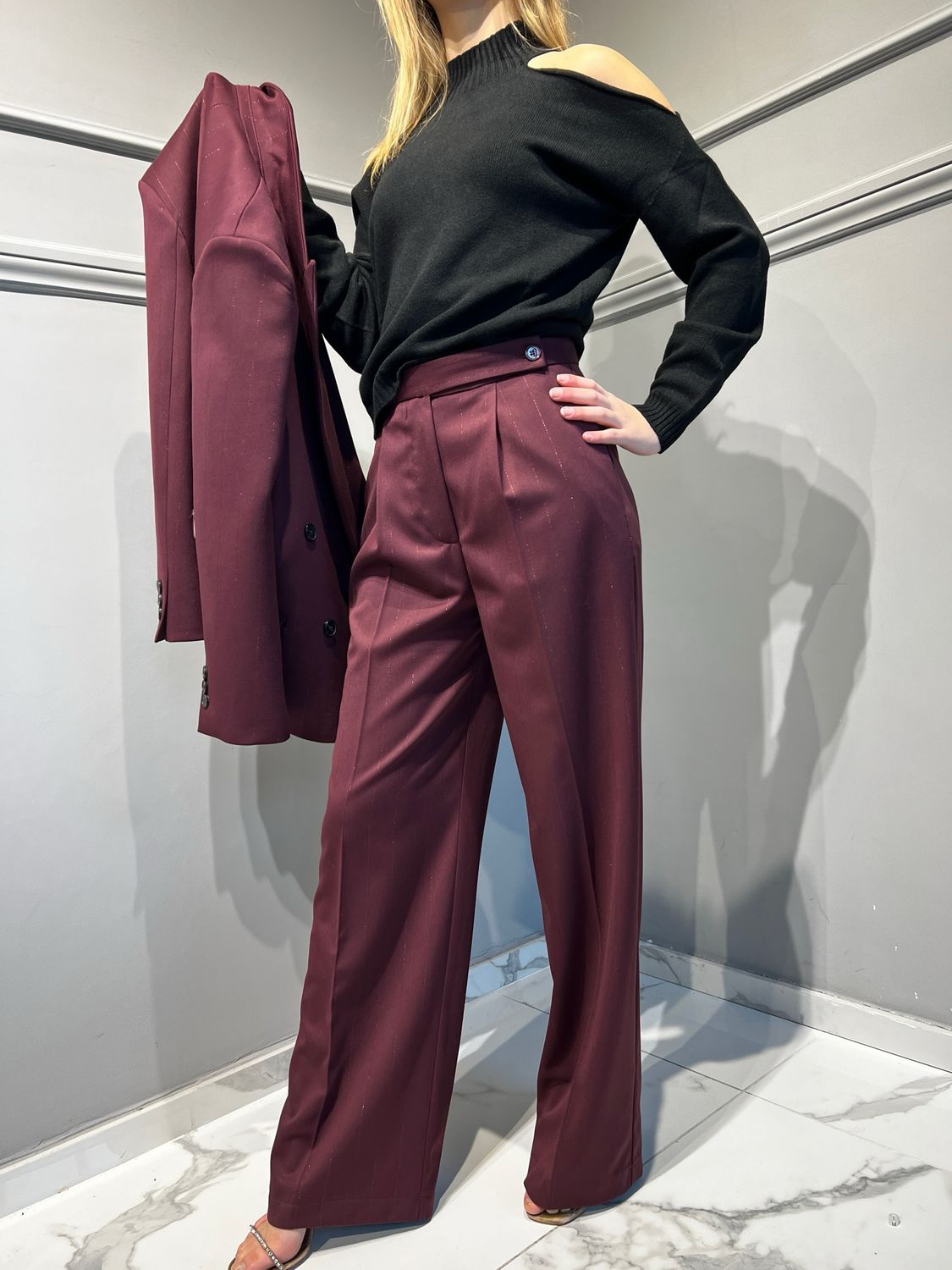 VICOLO - pantalone palazzo con intarsi in lurex TS1739 - bordeaux