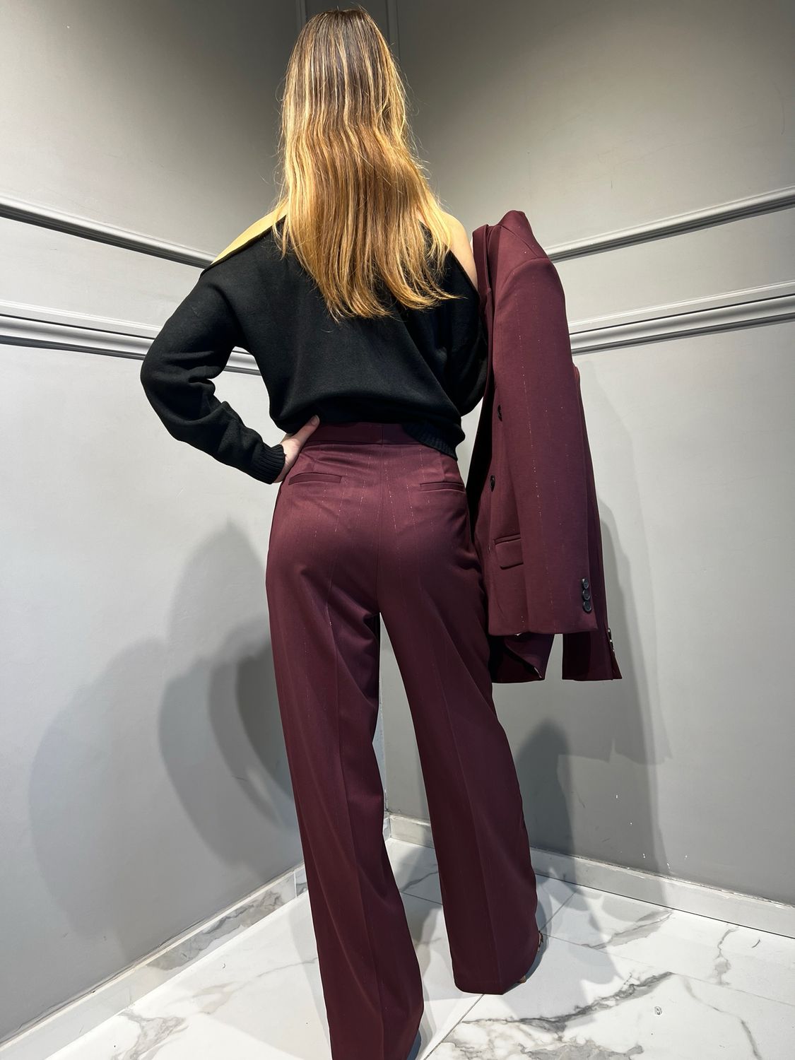 VICOLO - pantalone palazzo con intarsi in lurex TS1739 - bordeaux