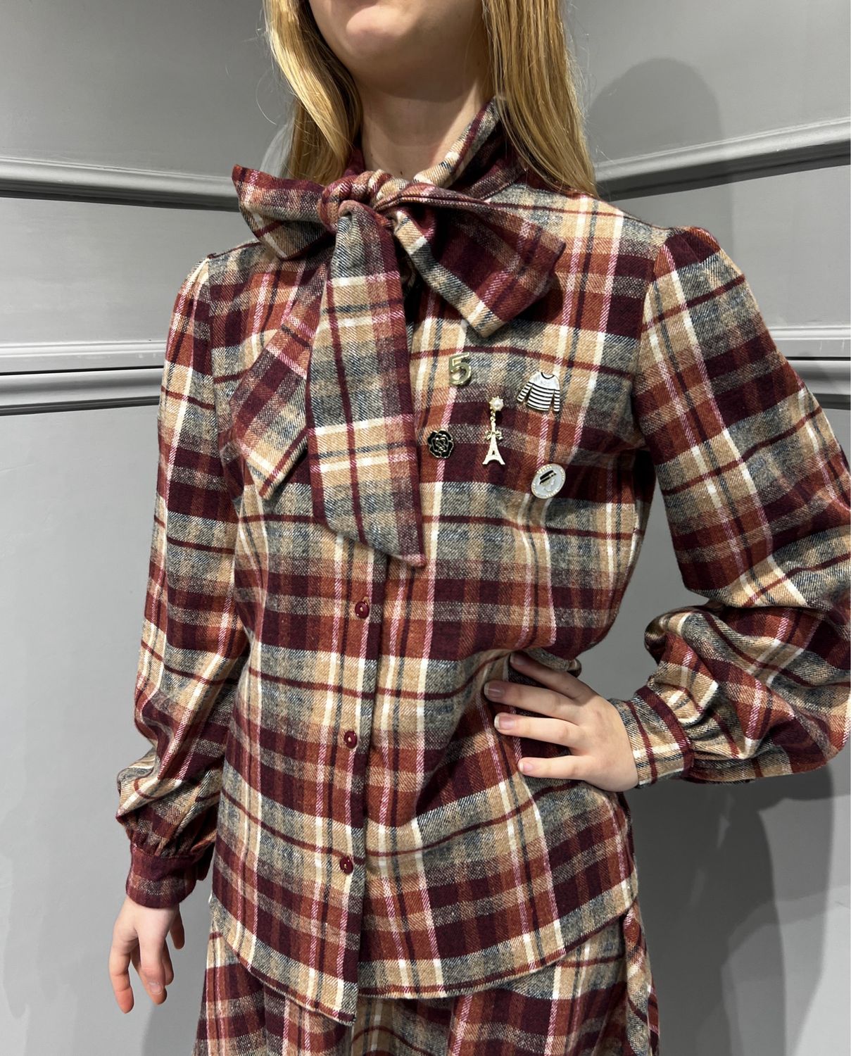 TENSIONE IN - camicia flanelle con fiocco a quadri TI2515 - bordeaux