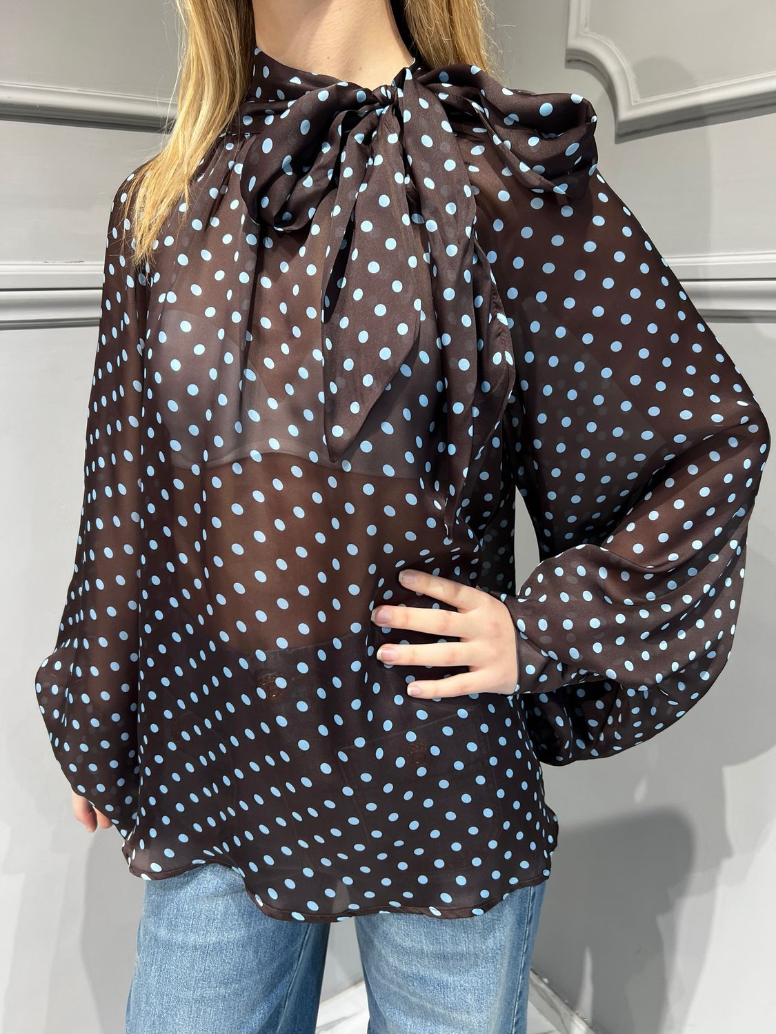 TENSIONE IN - camicia con fiocco e pois 25c4536 - moro/turchese