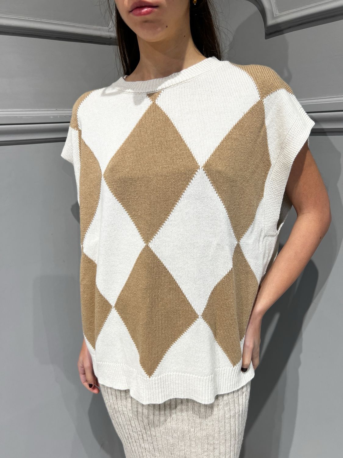 TENSIONE IN - gilet a quadri 2240565 - panna/beige