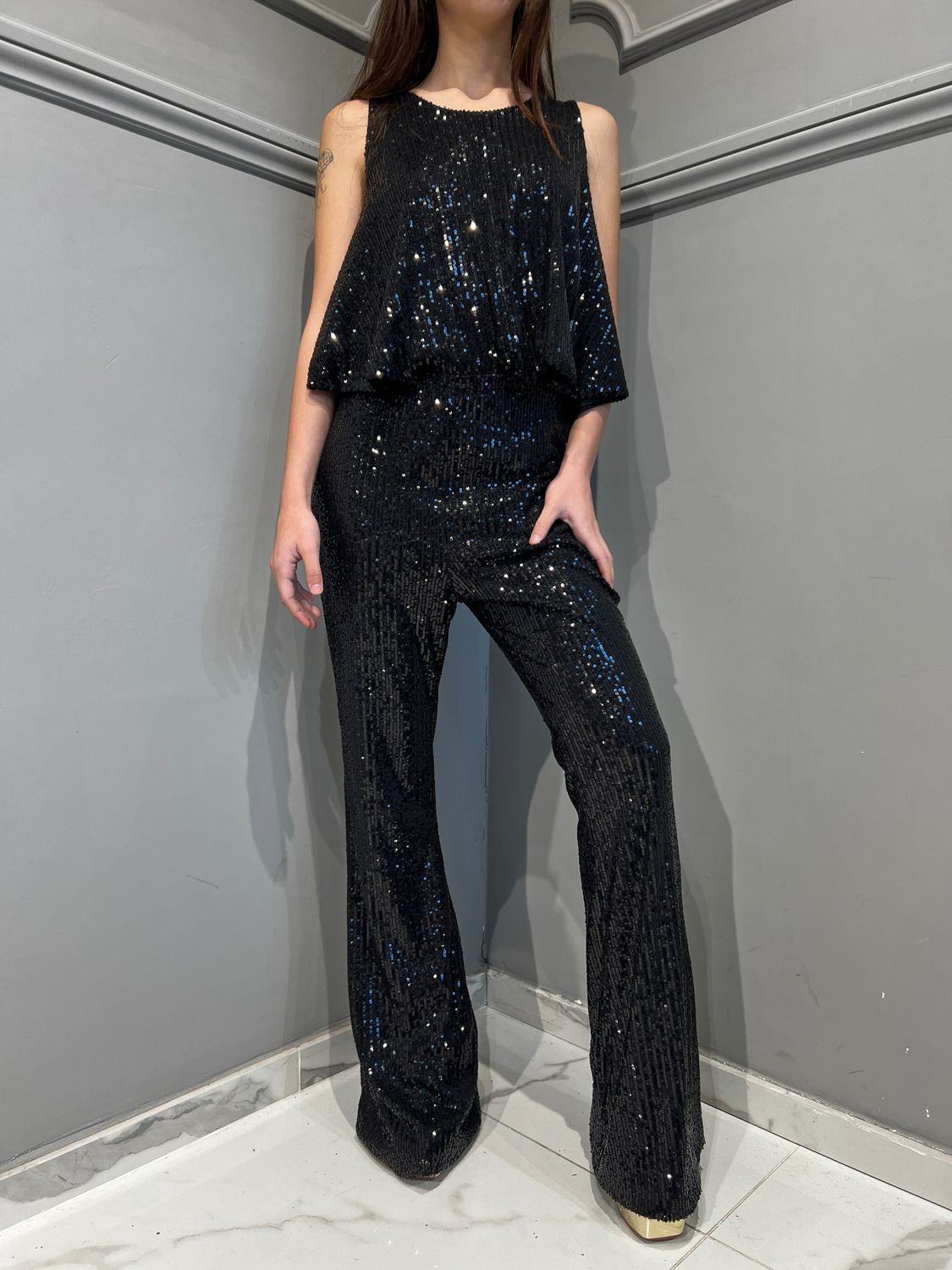 VICOLO - pantalone a zampa con paillettes elasticizzati TS1262 - nero