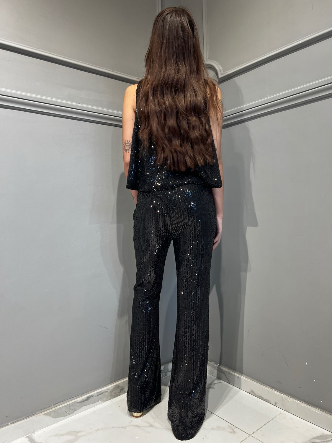 VICOLO - pantalone a zampa con paillettes elasticizzati TS1262 - nero