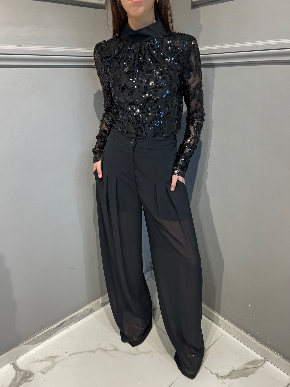 VICOLO - body con ricami e paillettes TS0270 - nero
