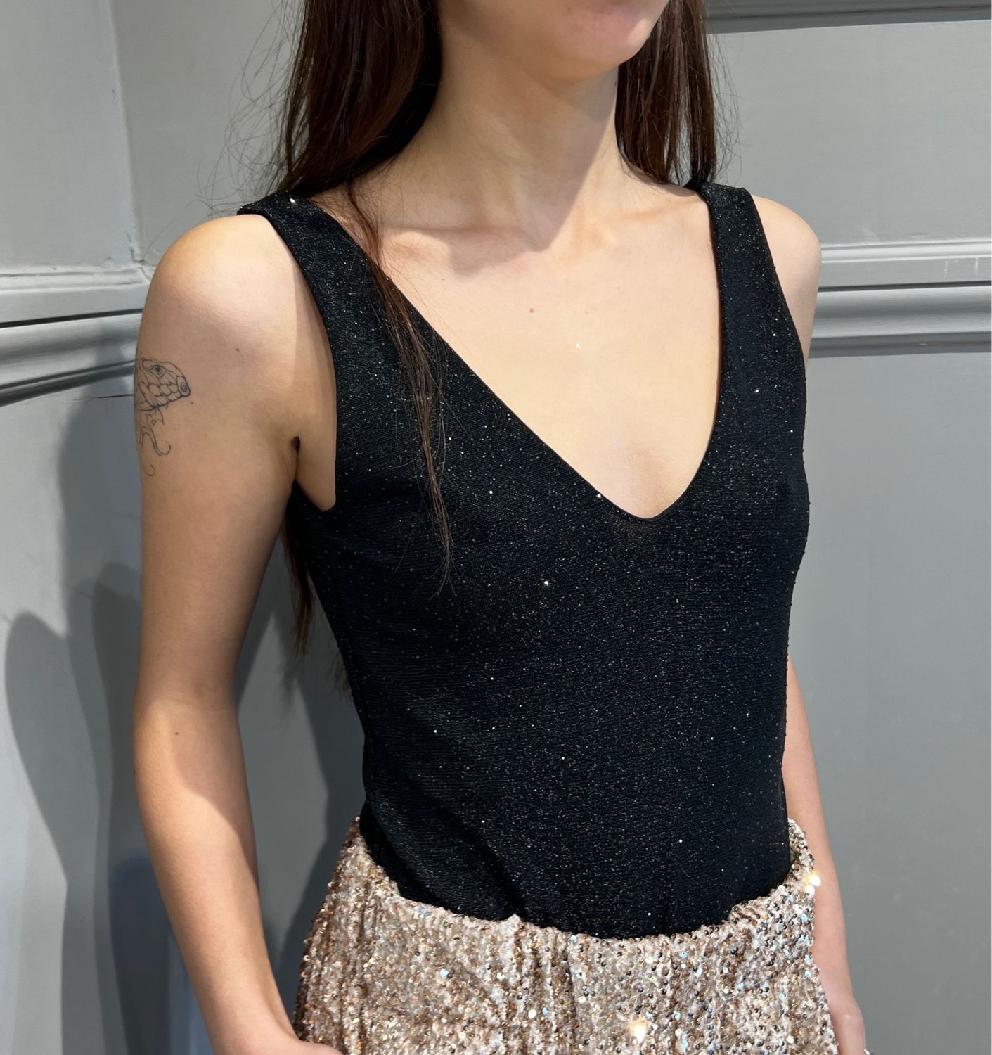 VICOLO - body lurex a V senza maniche US0008 - nero