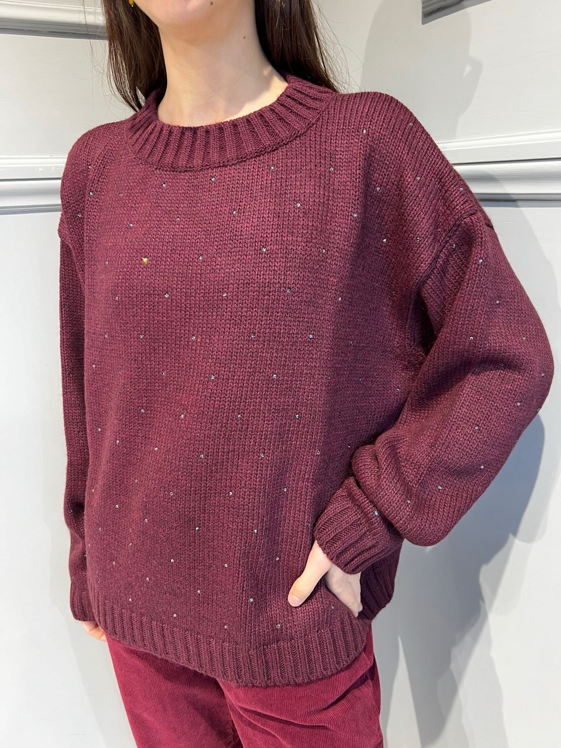 VICOLO  - maglia scatoletta girocollo con strass 55088 - bordeaux