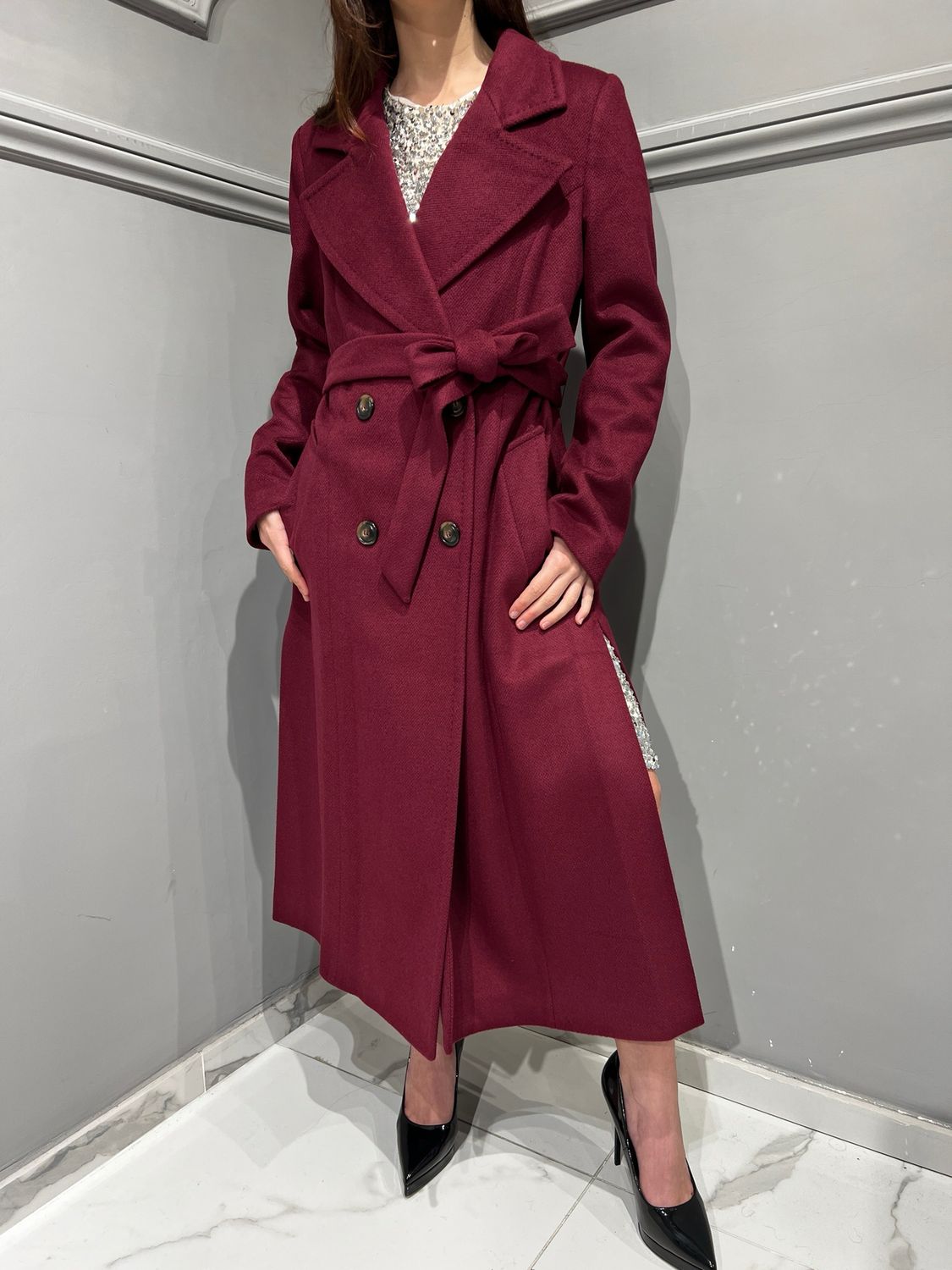 TENSIONE IN - cappotto doppiopetto con cintura 9788CDH - bordeaux