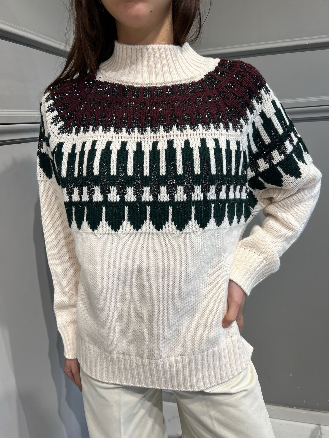 TENSIONE IN - maglia jacquard con intarsi in lurex girocollo 2440611 - panna /verde/bordeaux