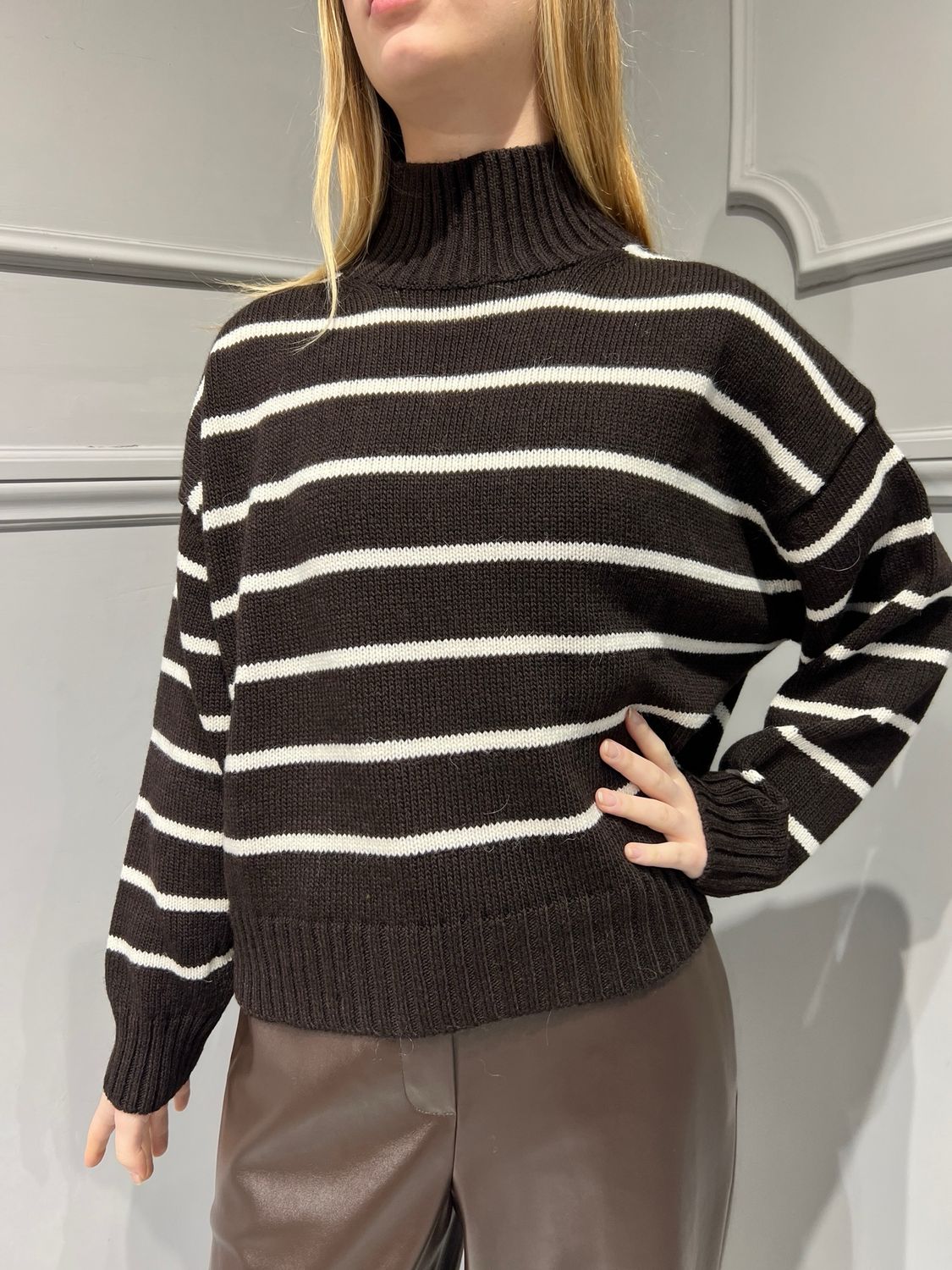 TENSIONE IN - maglia lupetto scatoletta a righe D80605 - moro/panna