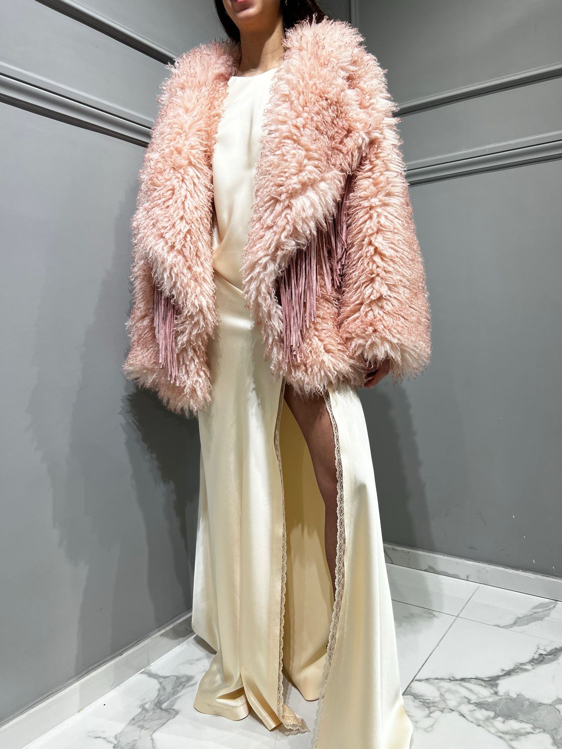 LE VOLIÈRE - pelliccia ecologica con frange rimovibili WW24C749PK - rosa