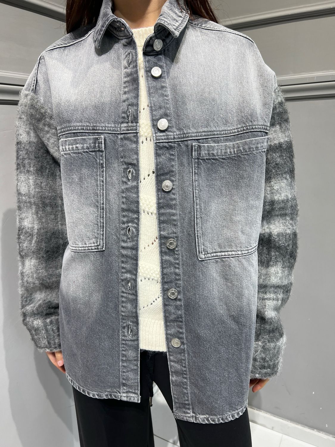 VICOLO - camicia pile e jeans check DS0087 - grigio/panna