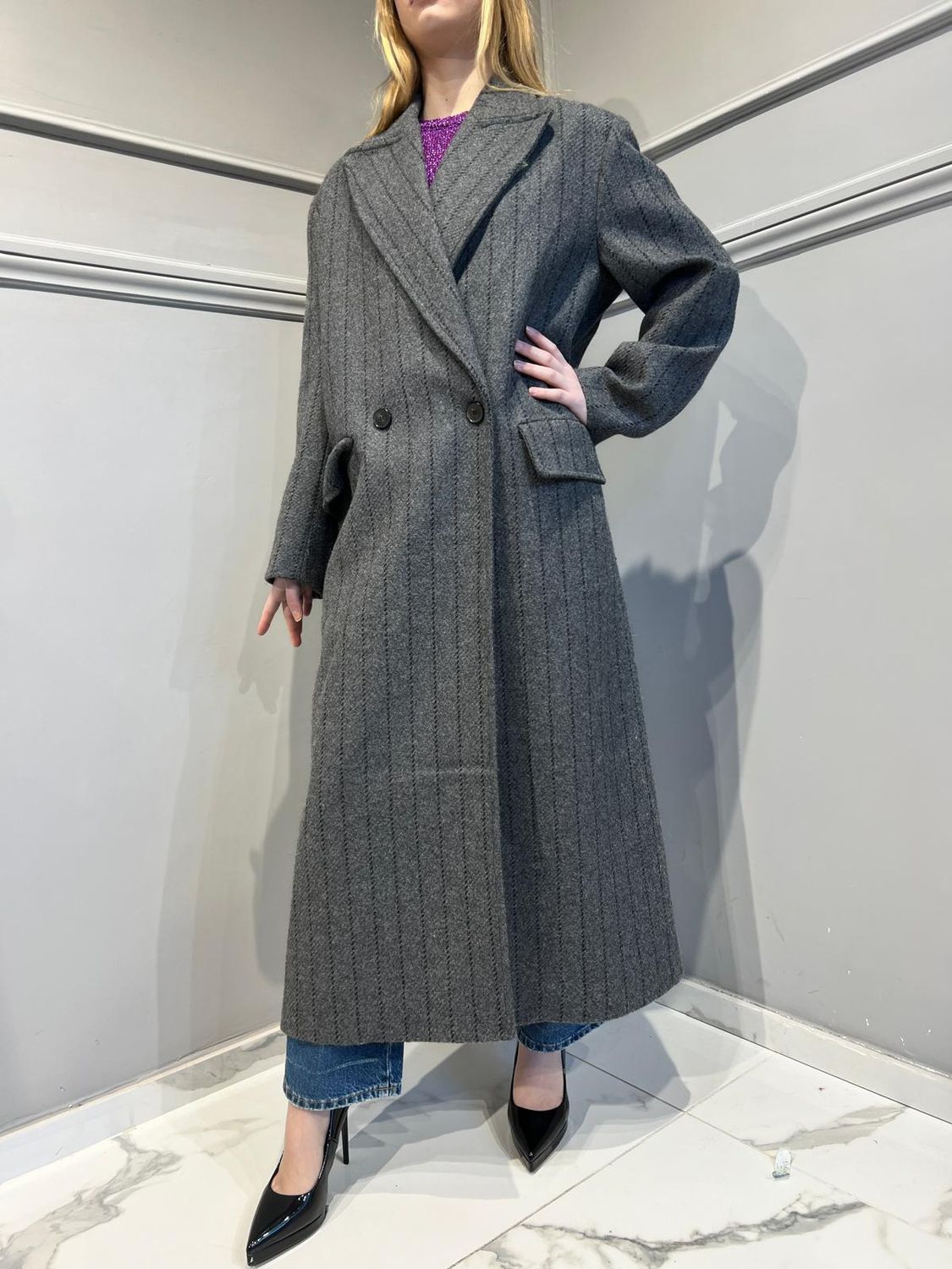 VICOLO - Cappotto outdoor con righe TR0002 - Grigio