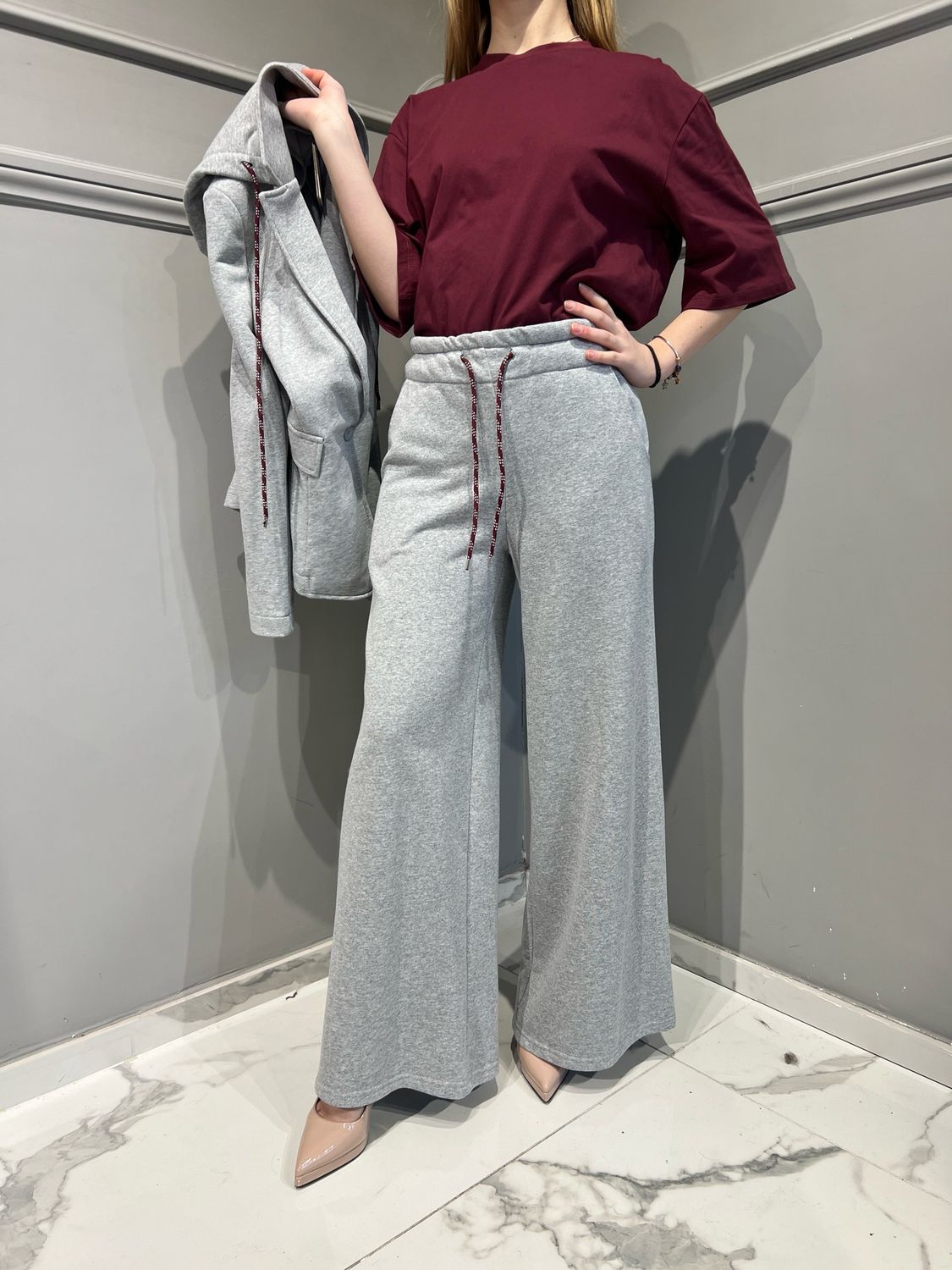 TENSIONE IN - pantalone non felpa garzata con laccio e elastico in vita 25P6520 - grigio chiaro