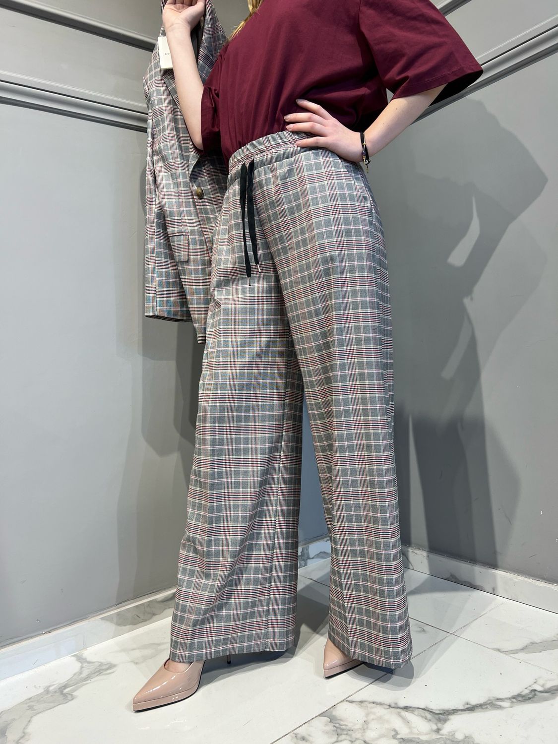 TENSIONE IN - pantalone in principe di Galles con laccio e elastico in vita S25P265 - rosso