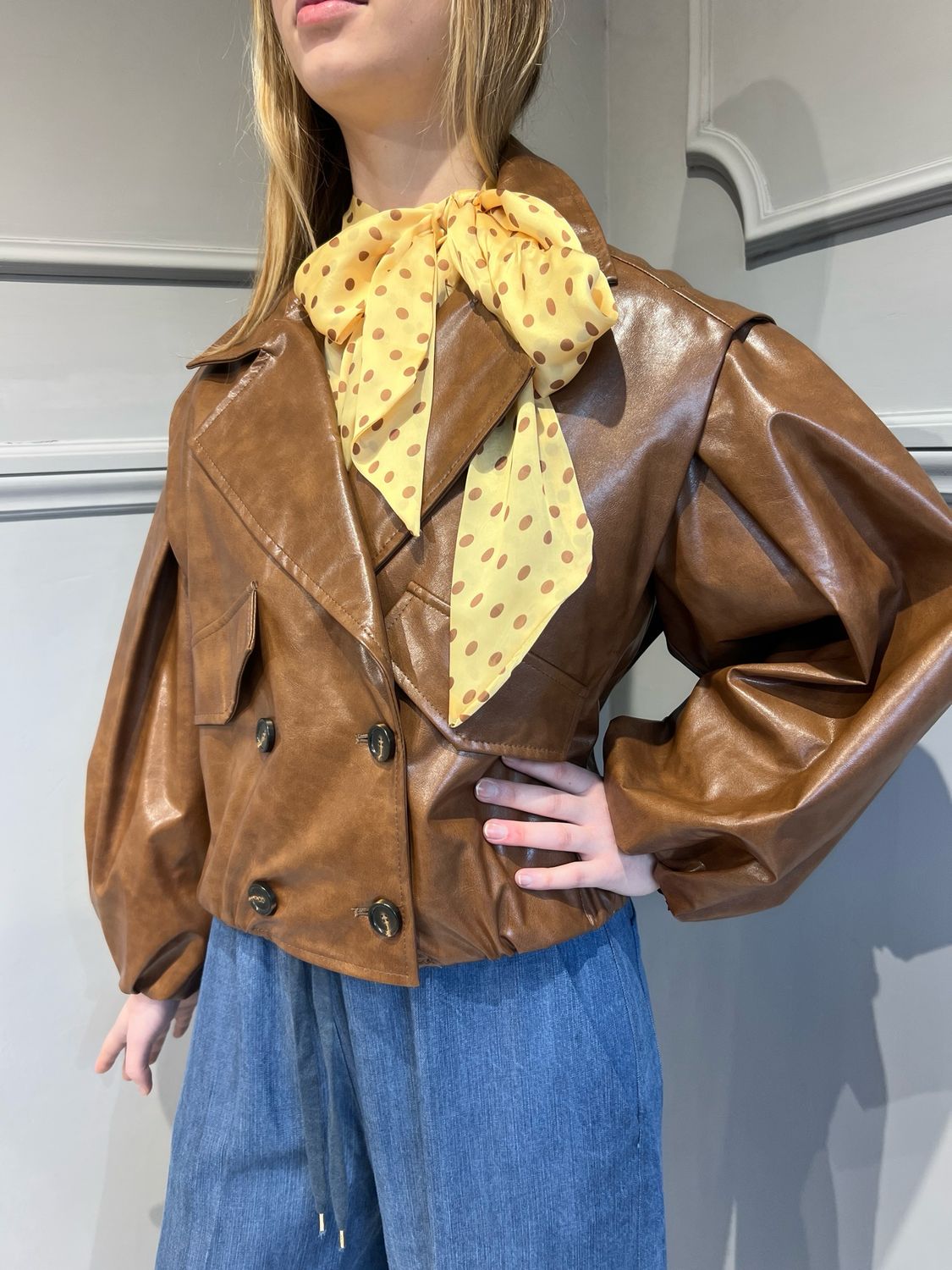 MOTEL - giacca bomber in ecopelle spalmato con maniche a sbuffo CP19-C/P - cuoio