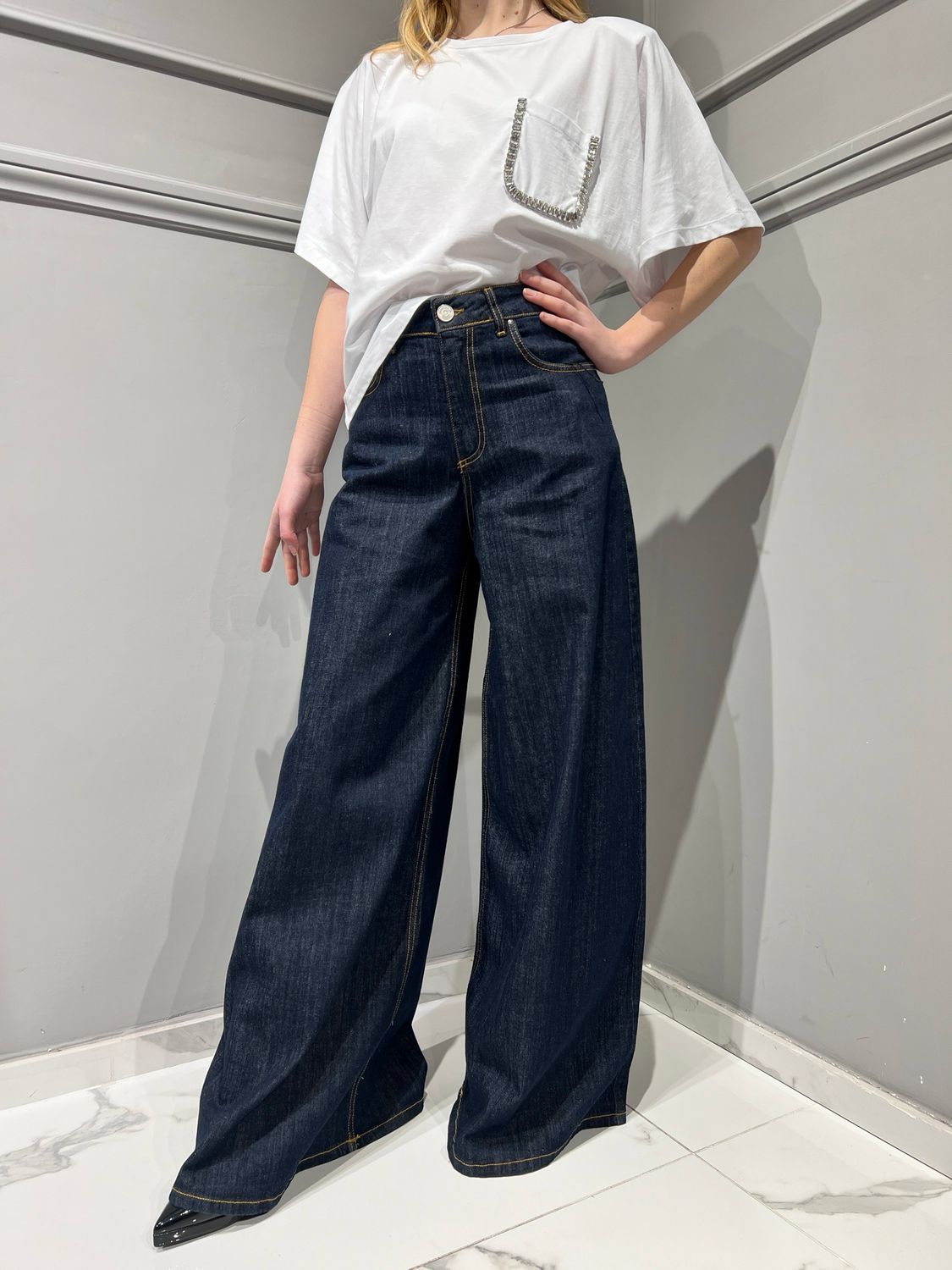 TENSIONE IN - pantalone jeans palazzo elasticizzato gamba larga 3879-T522-Y000