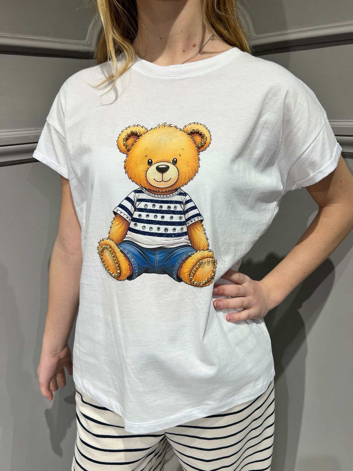 TENSIONE IN - t-shirt con orsetto e strass M1488-TP-S474 - bianco