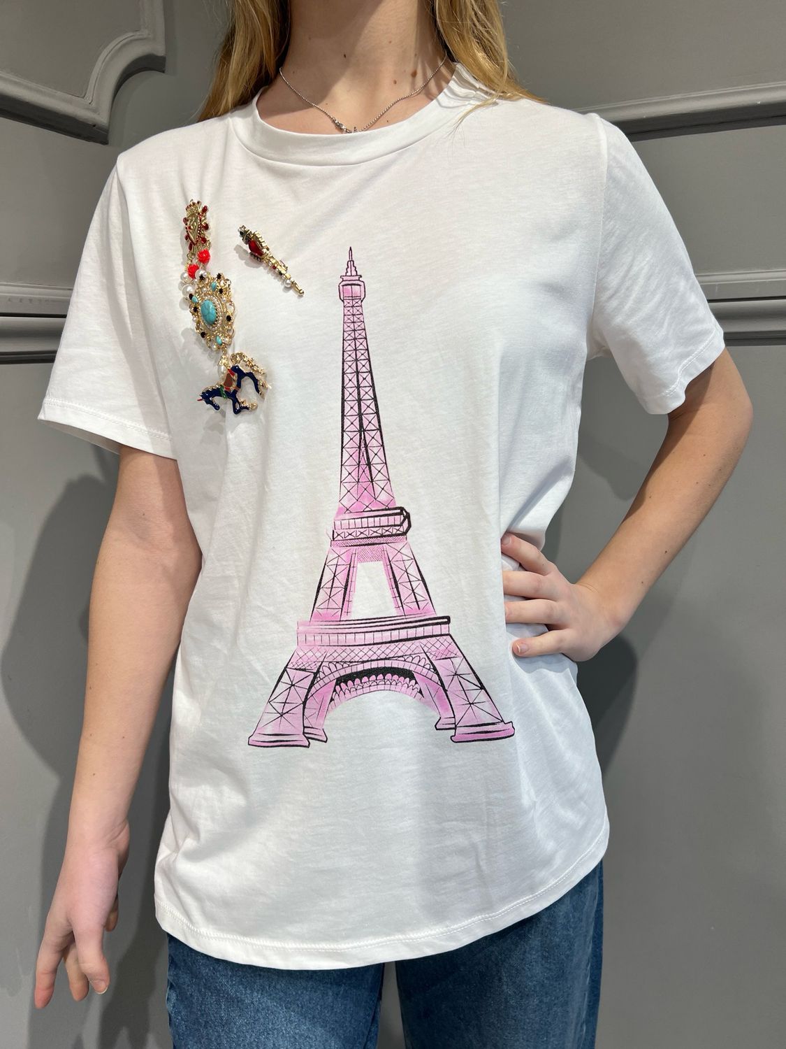 MOTEL - t-shirt torre eiffel con spille 36169G - bianco