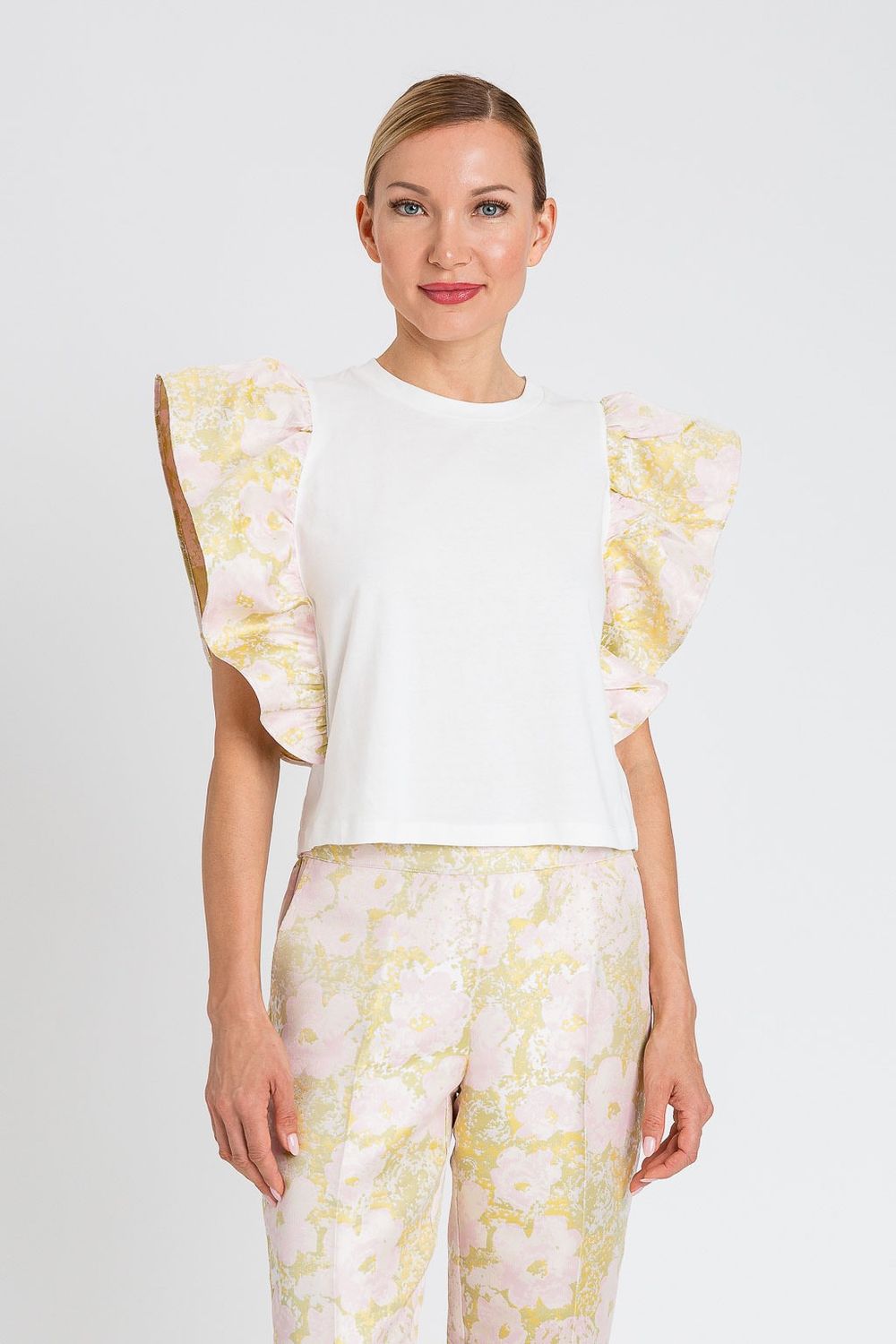 TWINSET Actitude - T-shirt con maniche volant in tessuto broccato 251ap2320 - Bianca