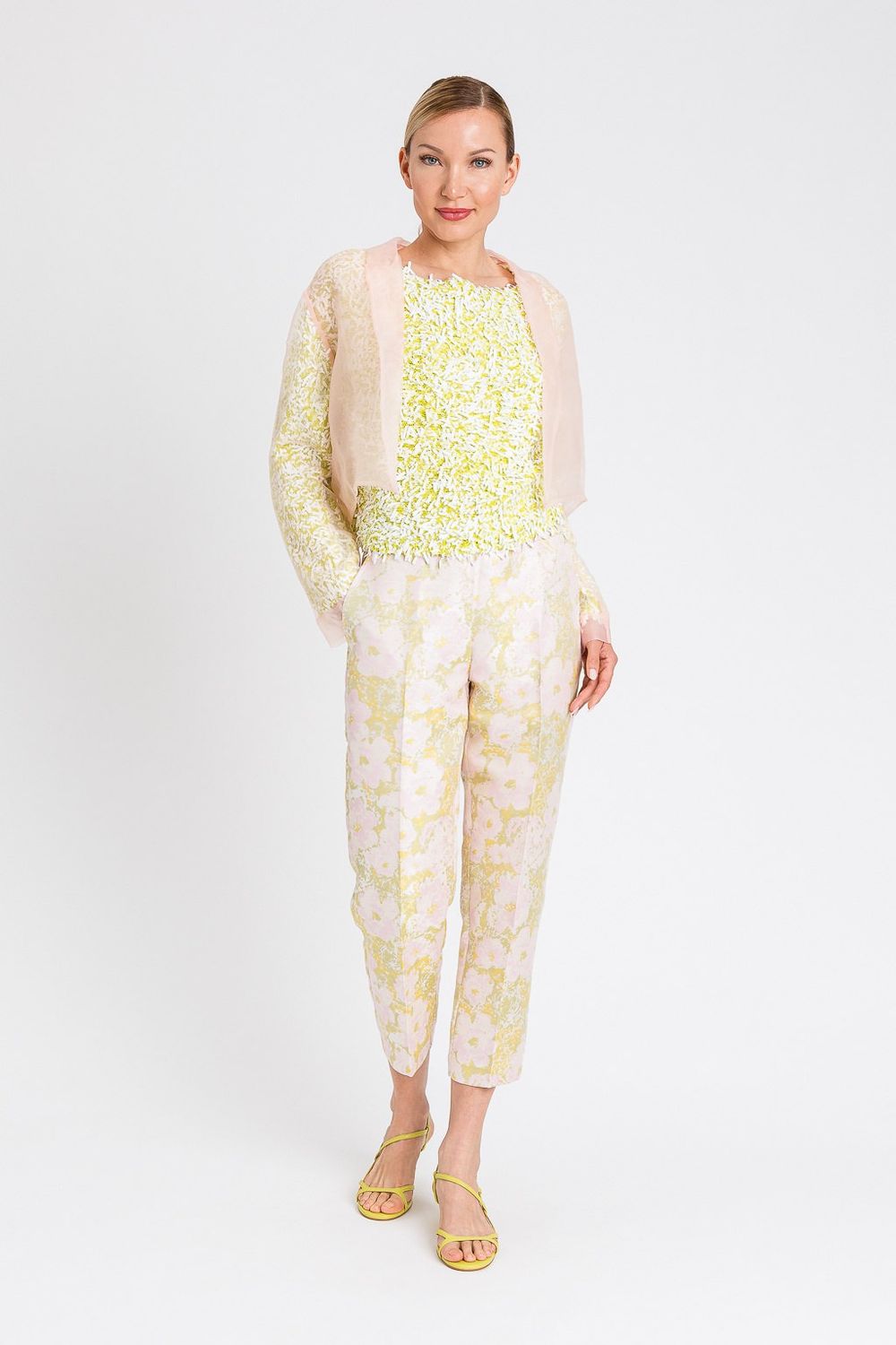 TWINSET Actitude - Pantalone in tessuto broccato a fantasia con elastico dietro a sigaretta 251ap2102 - fantasia rosa/lime/panna