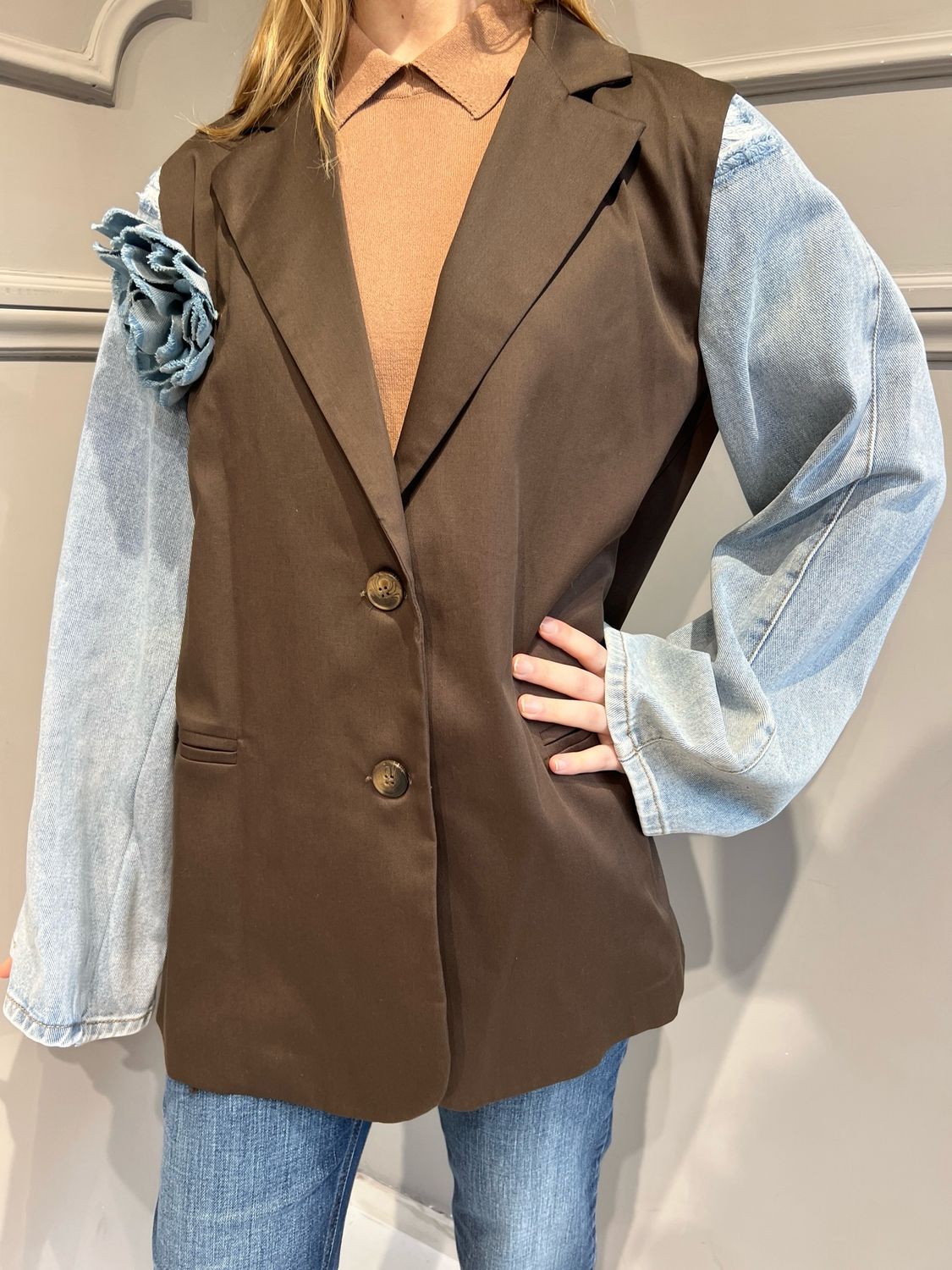 TENSIONE IN - giacca in cotone con maniche in denim 36192 - moro/denim