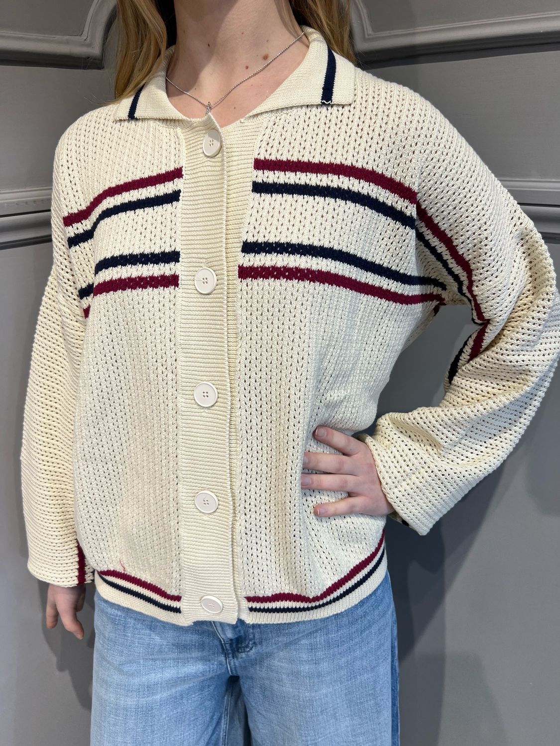 VICOLO - cardigan in filo traforato 77018D - burro/blu/bordeaux VICOLO - cardigan in filo traforato 77018D - burro/blu/bordeaux