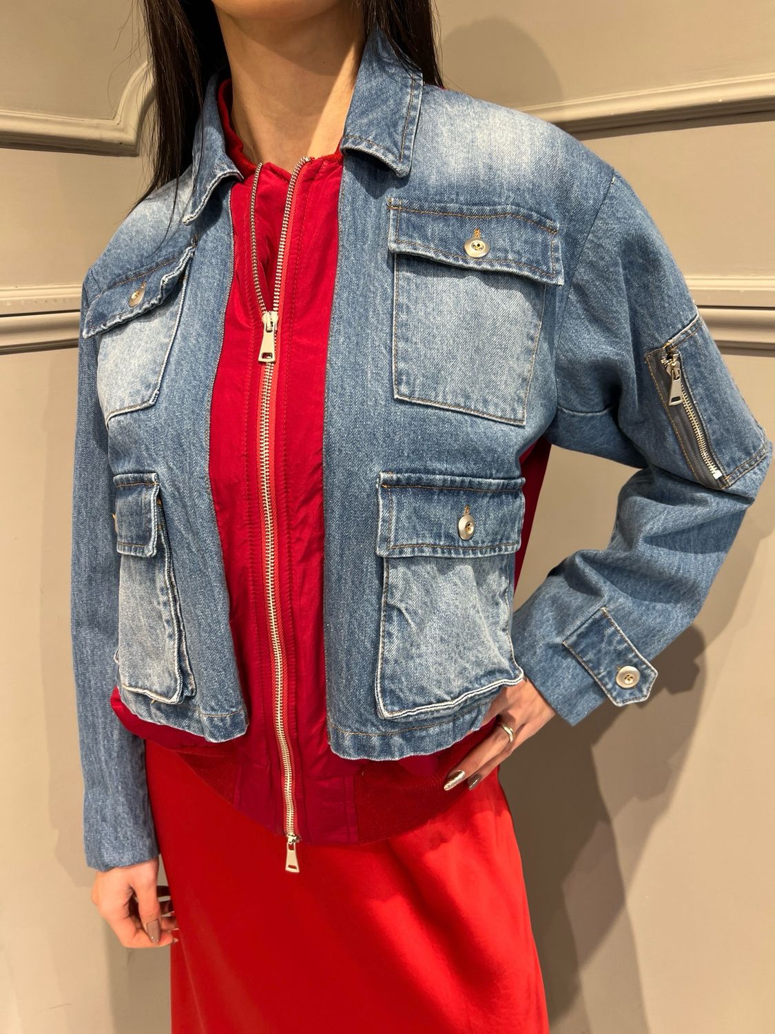 MOTEL -giubbotto trapuntato in jeans CP300 - jeans/rosso MOTEL -giubbotto trapuntato in jeans CP300 - jeans/rosso